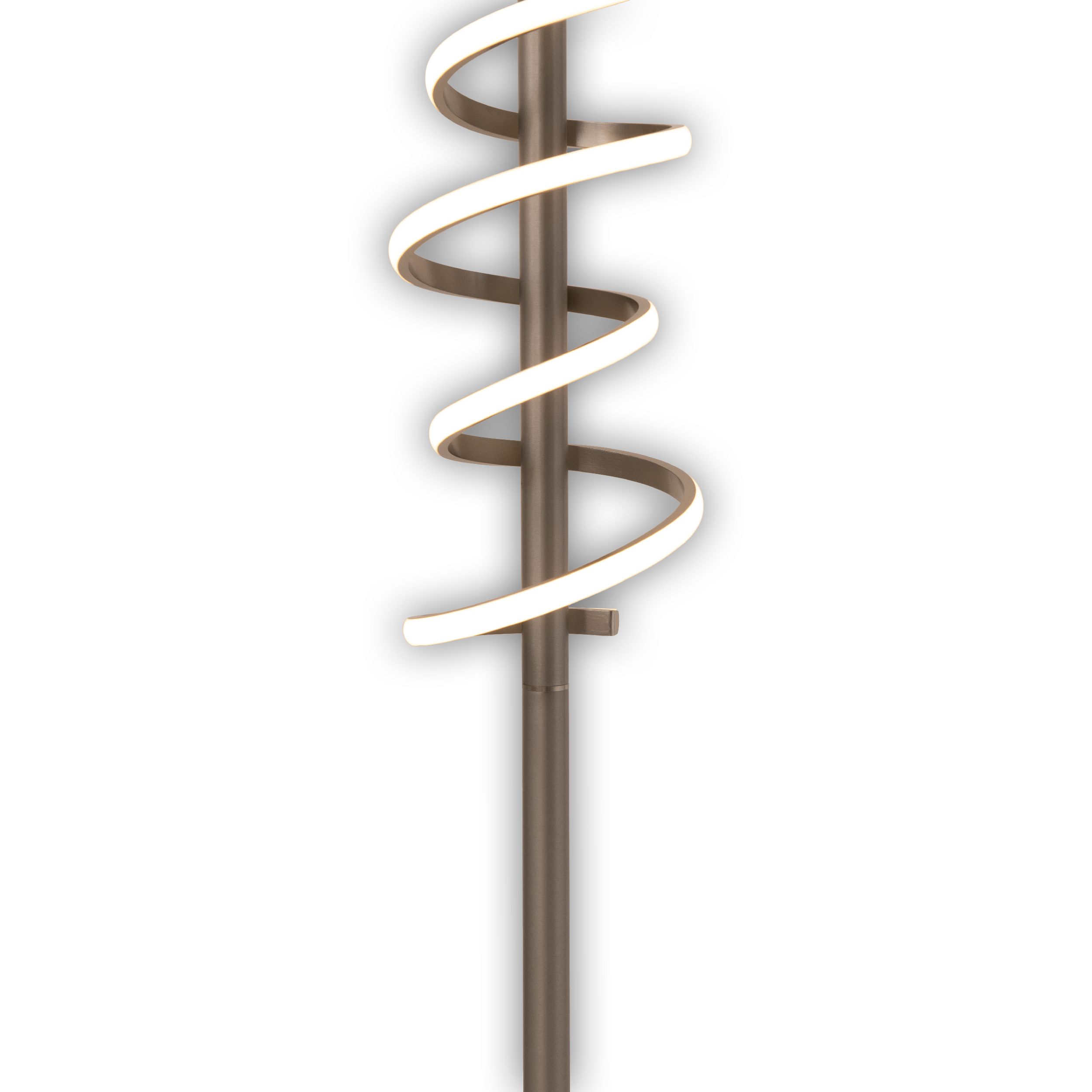 Eine bronzefarbene LED-Leuchte in Spiralform, die vor weißem Hintergrund aufrecht steht.
