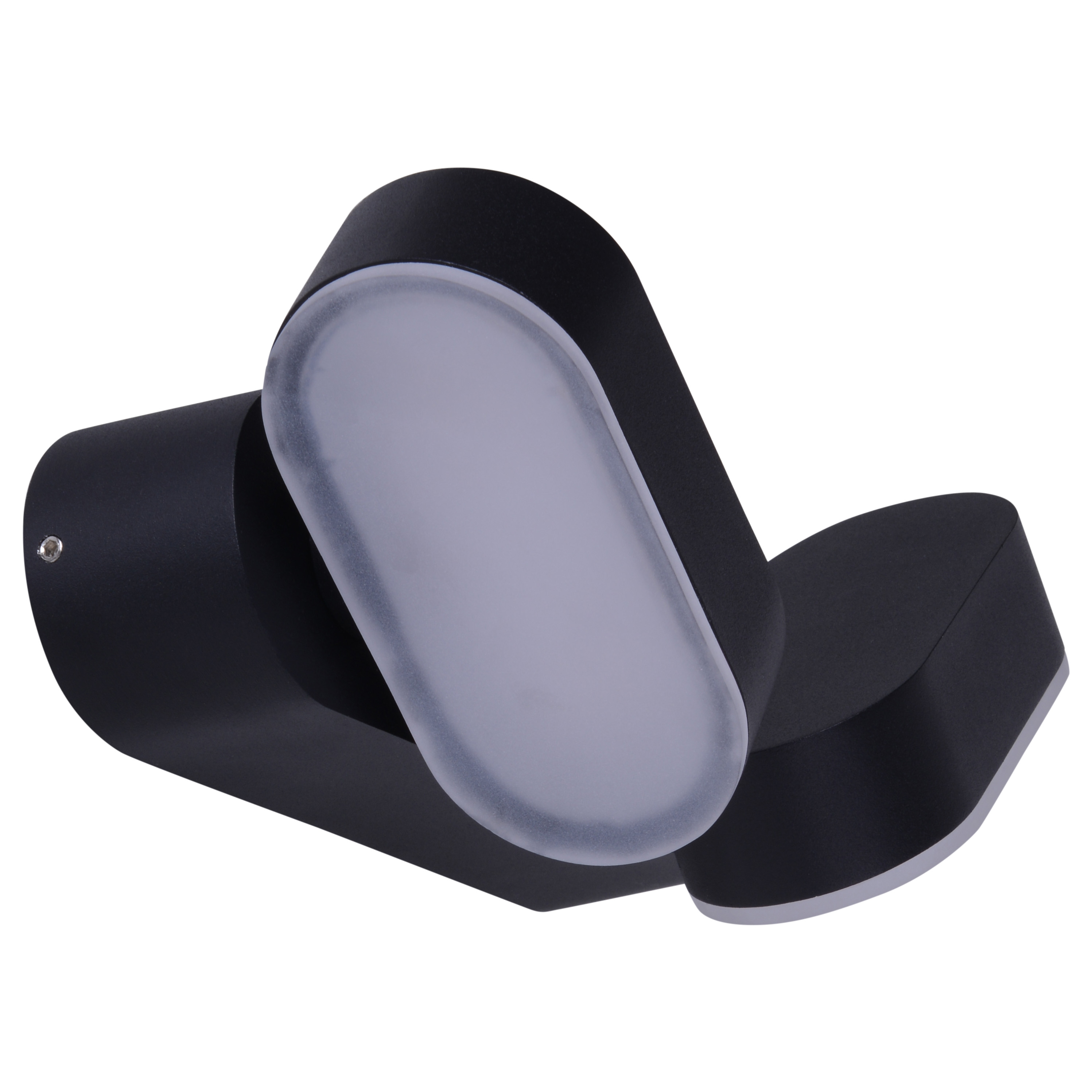Schwarze Wandleuchte mit geschwungenem Design. Weißes Licht scheint aus der Mitte.