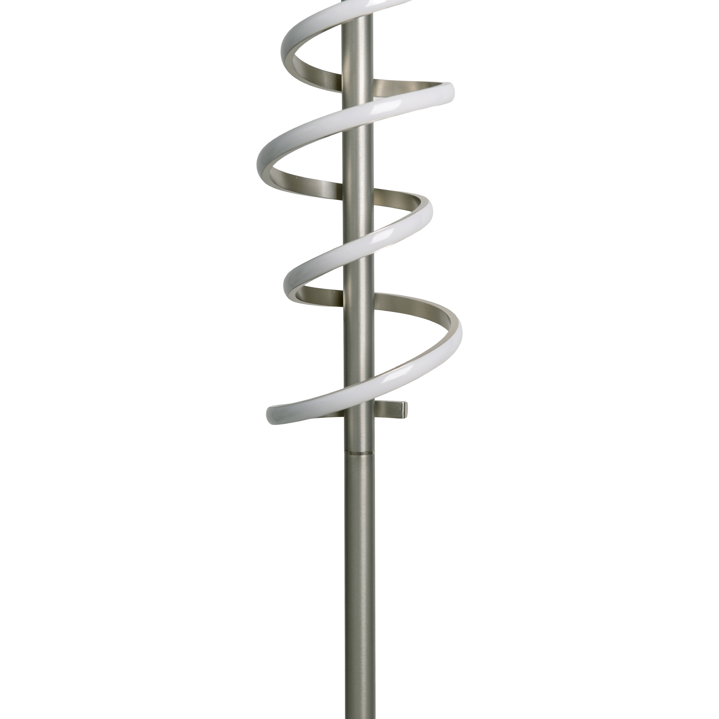 Eine weiße Spirale auf einem Metallstab, isoliert vor weißem Hintergrund. Die Spirale ist glänzend.