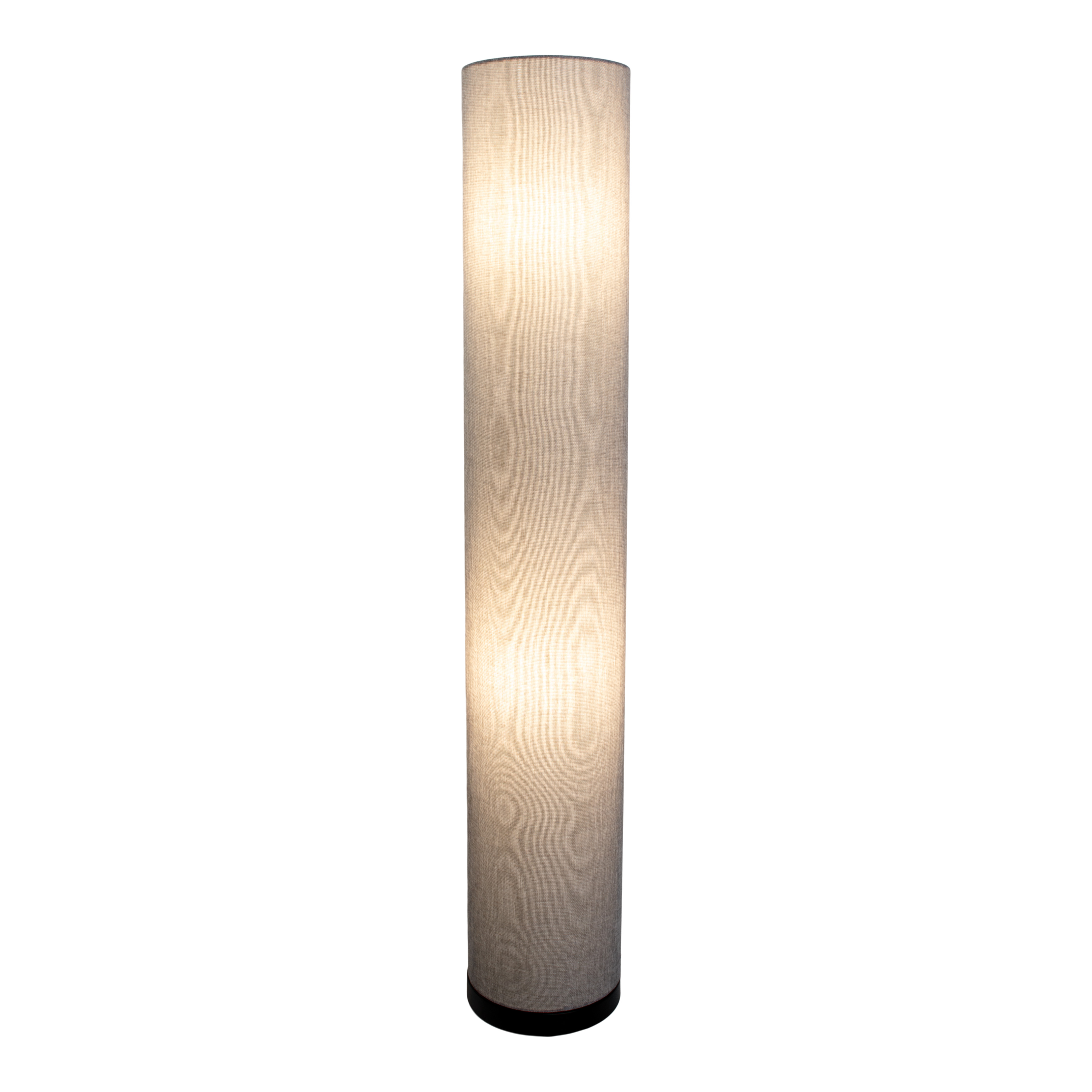 Hohe, graue Stehlampe, zylindrischer Schirm, vor weißem Hintergrund. Einfaches Design.