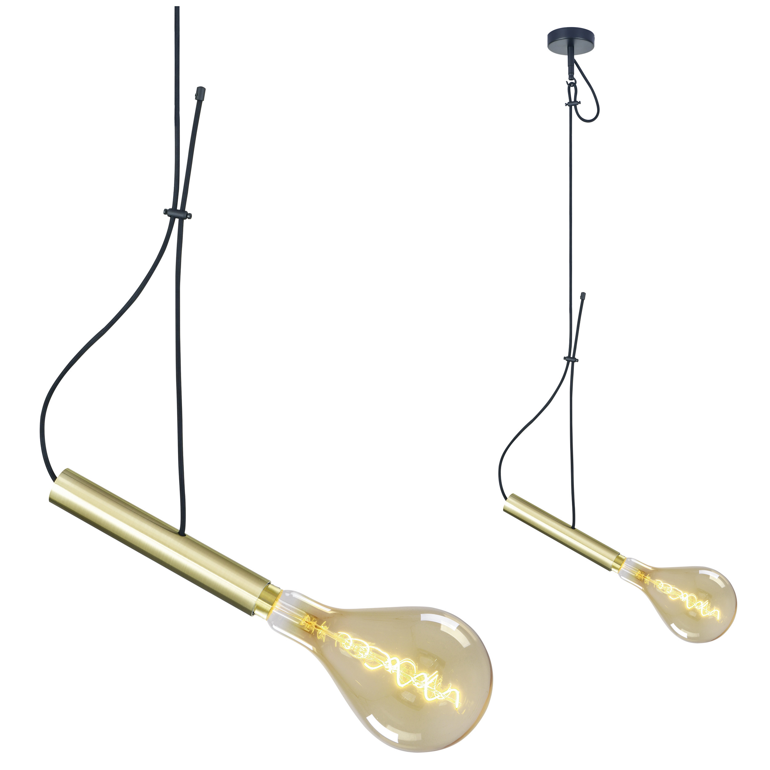 Zwei Pendelleuchten, mit goldenem, glühbirnenförmigem Element und schwarzen Kabeln auf weißem Grund.