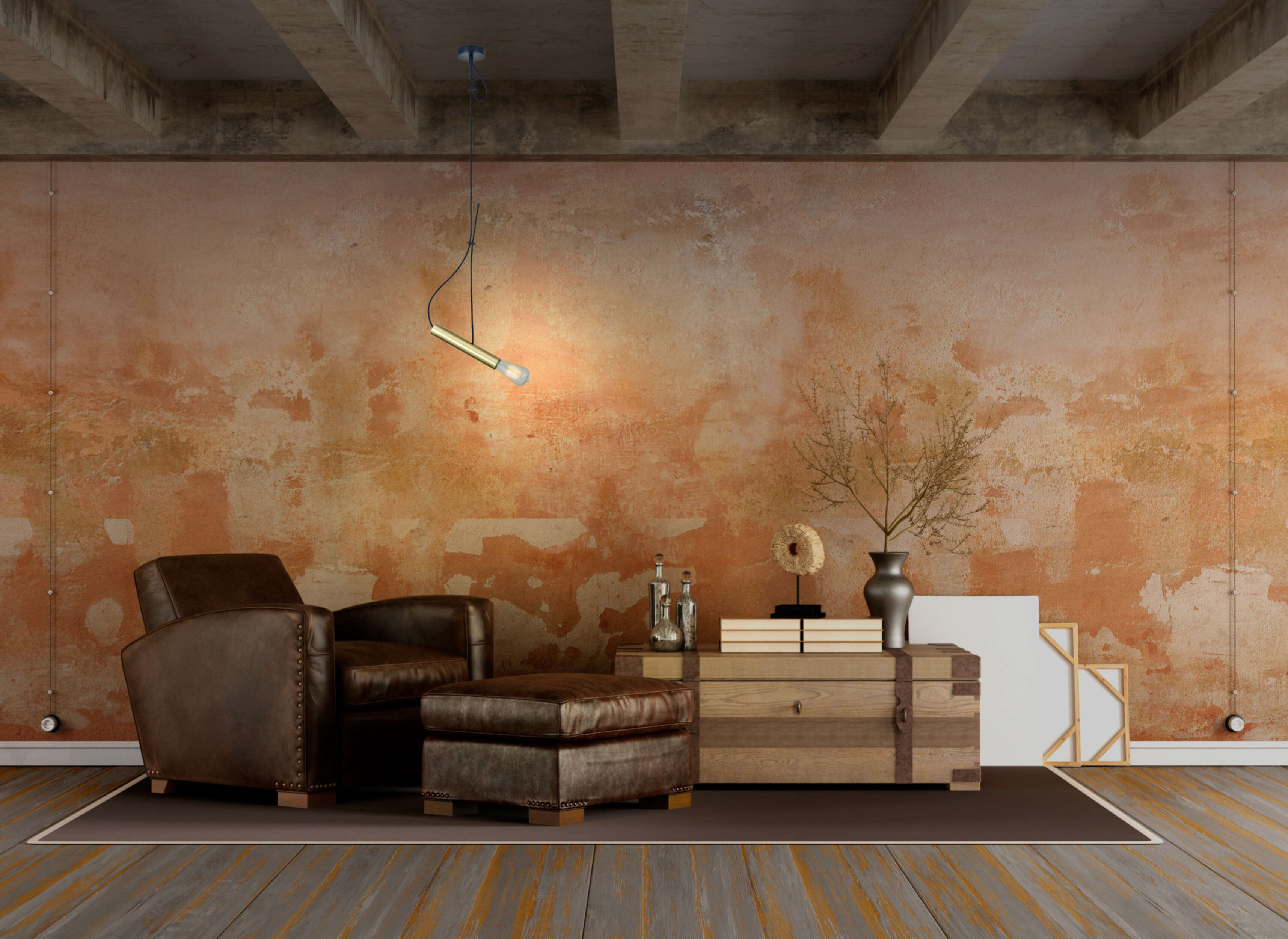 Wohnzimmer-Interieur: brauner Ledersessel, Ottomane, Holzkiste und Vase. Orange Wand und Holzboden.