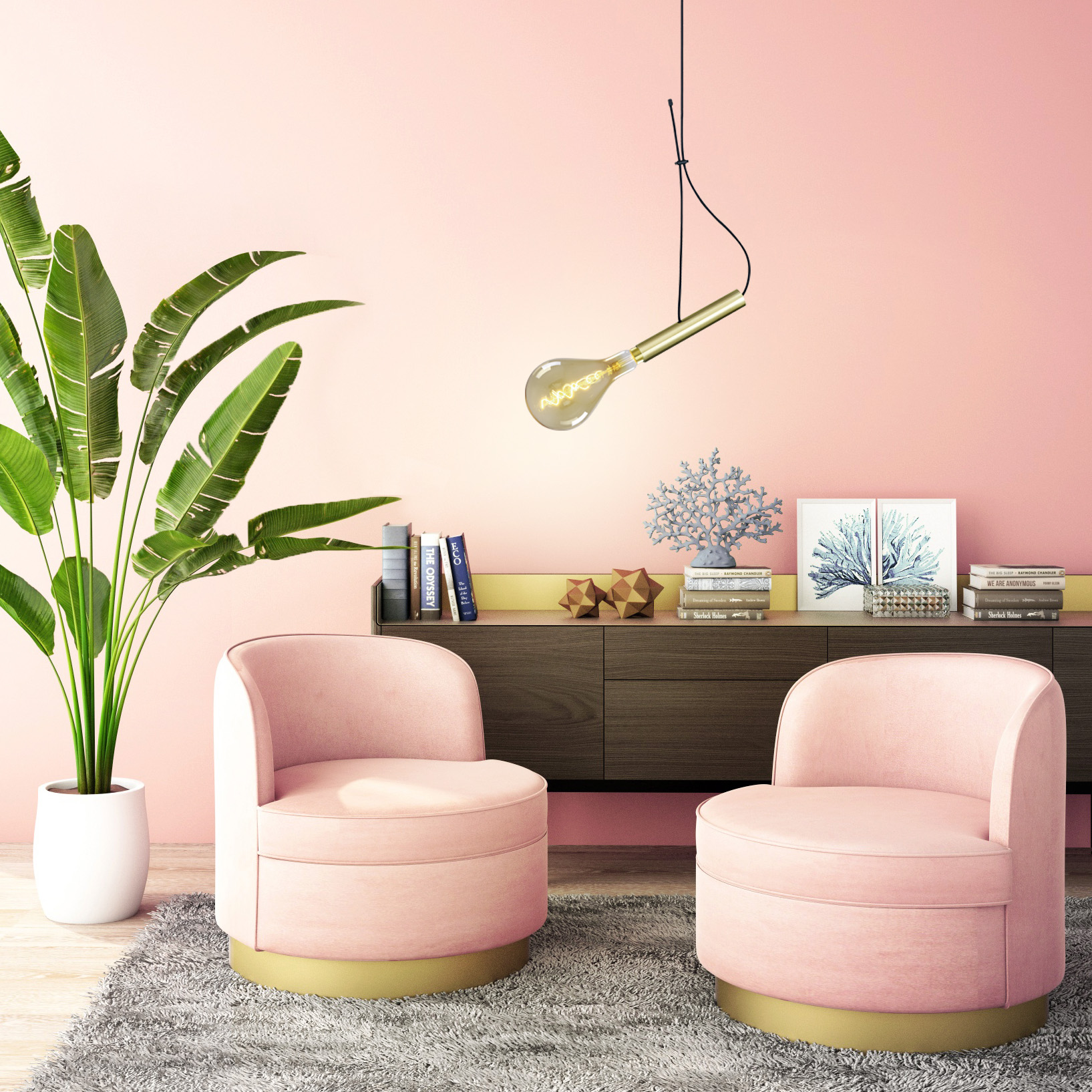 Wohnzimmerinterieur mit rosa Wänden, zwei Stühlen und einer grünen Pflanze.
