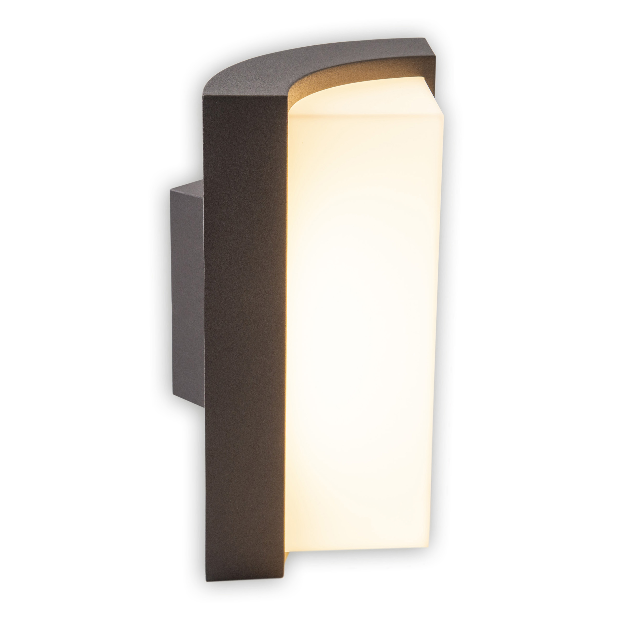 Dunkelgraue Wandleuchte mit gewölbter Oberseite und rechteckigem Licht.