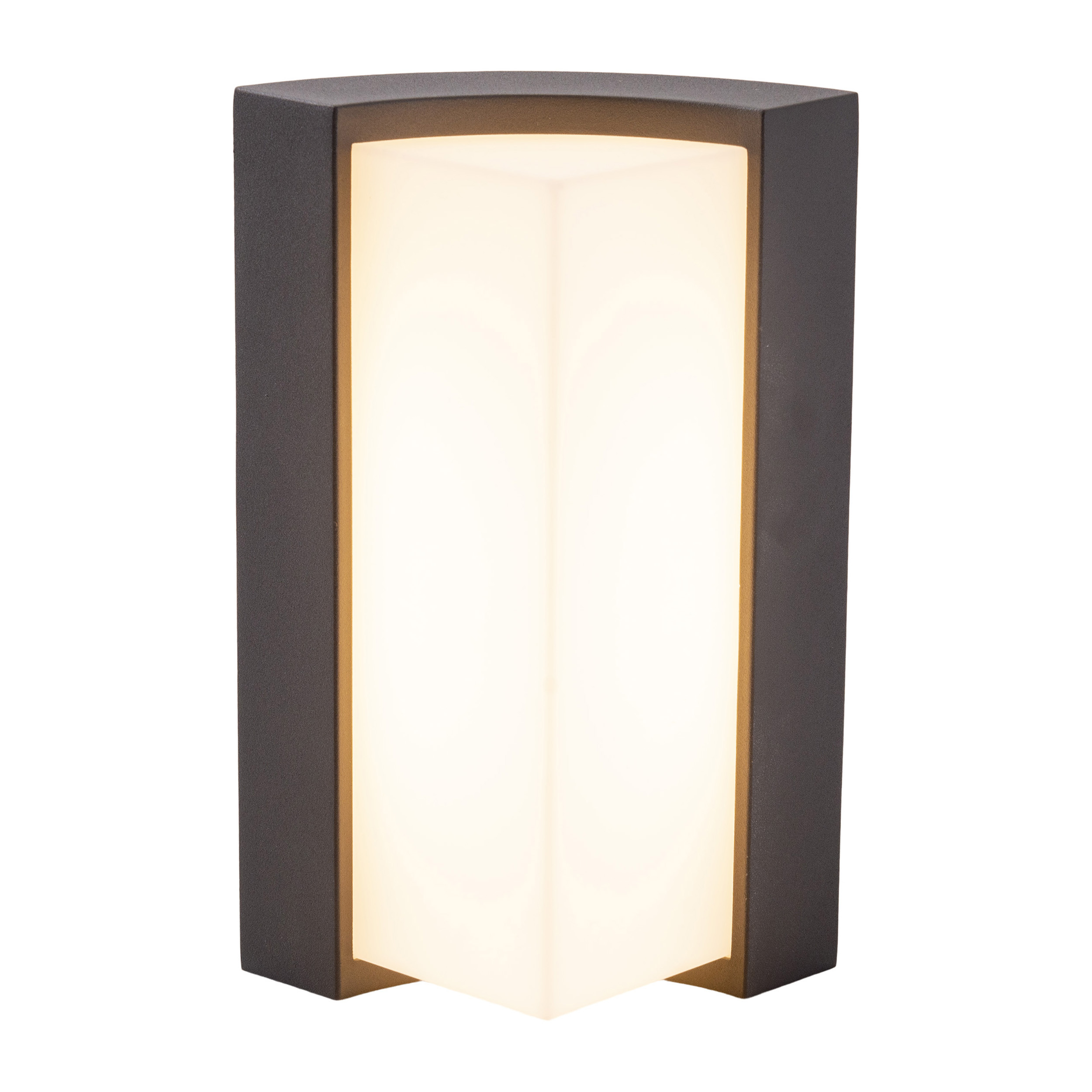Eine dunkelgraue, eckige Außenlampe mit hellem, leuchtendem weißem Licht.