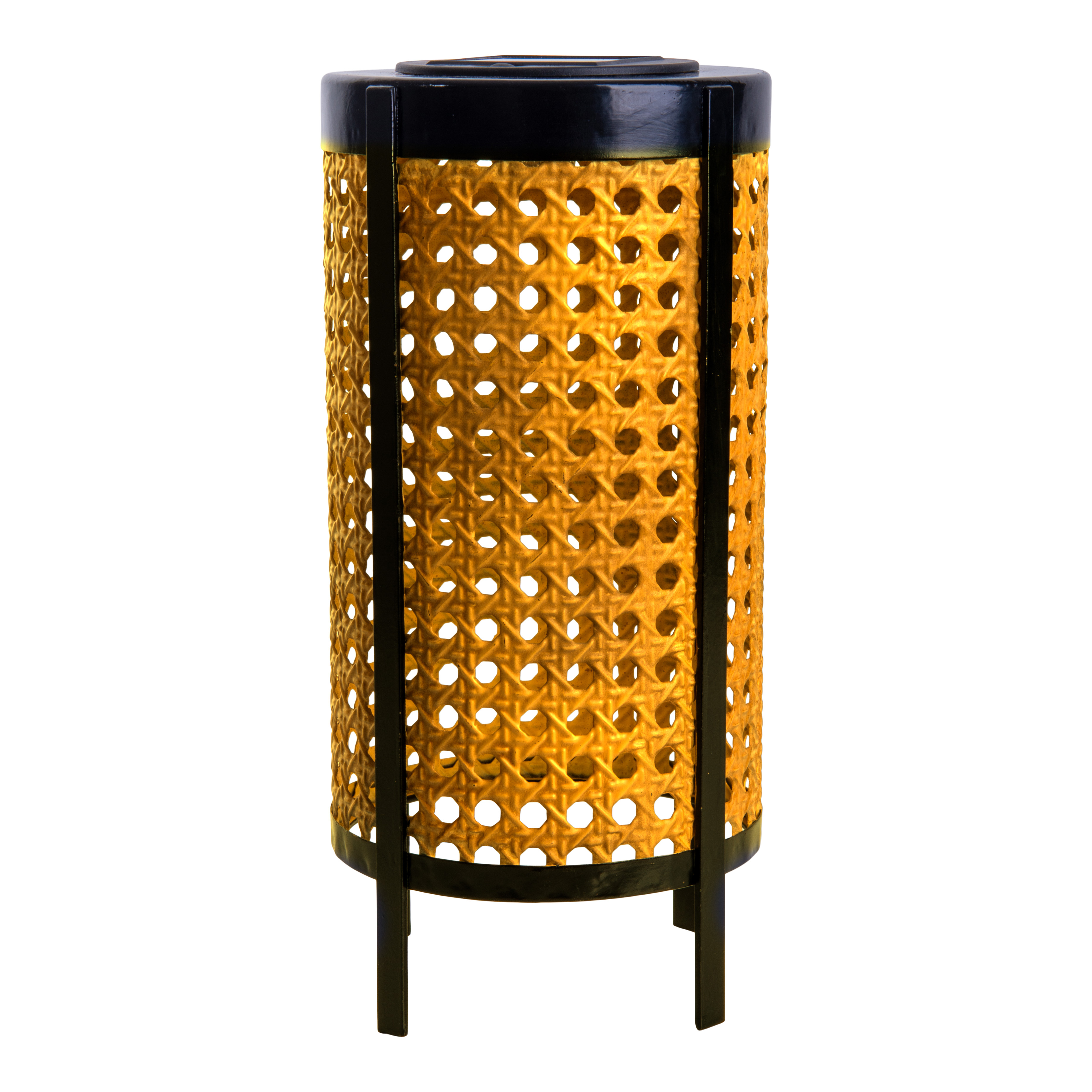 Zylindrische Tischlampe mit Rattanschirmen und schwarzem Metallrahmen. Licht scheint hindurch.