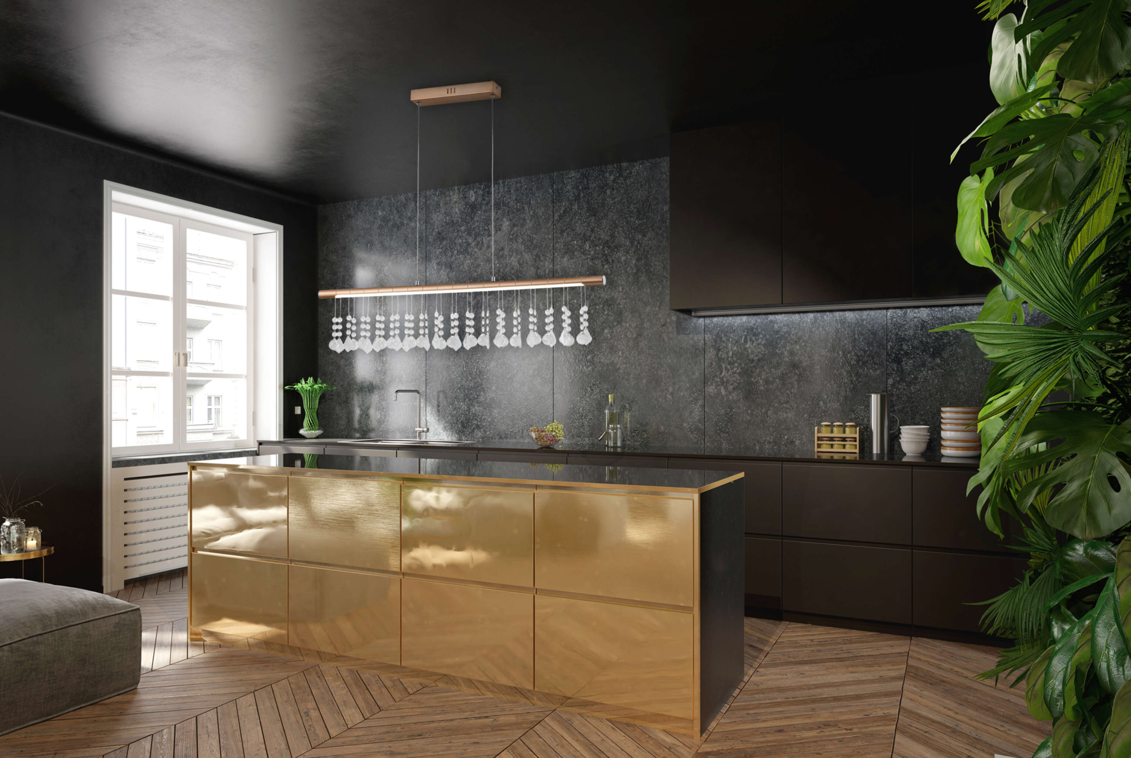 Eine schwarz-goldene Küche mit modernem Design. Es gibt eine große Insel.
