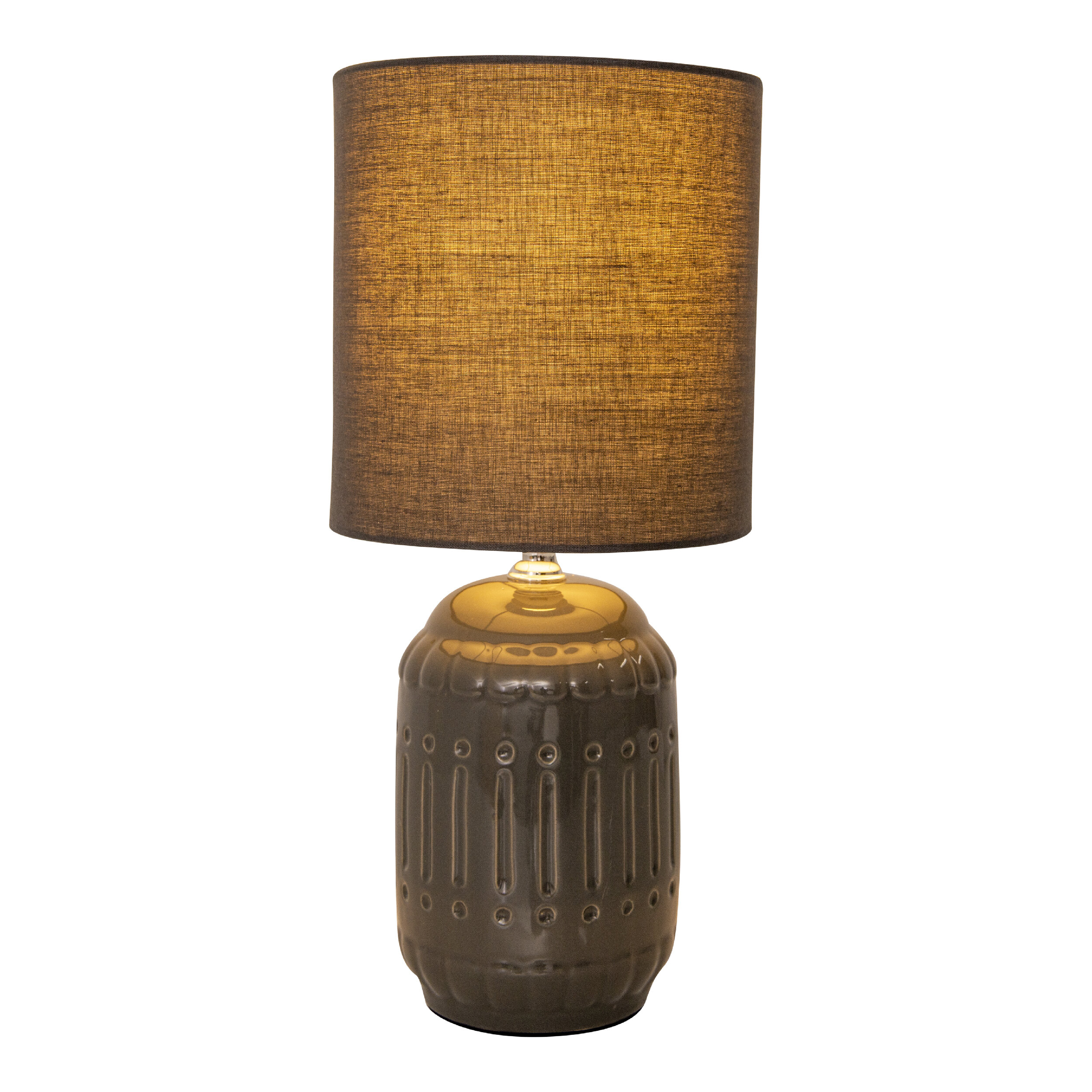Tischlampe mit dunkelbraunem Schirm und dunkelbraunem, strukturiertem Fuß. Von innen beleuchtet.