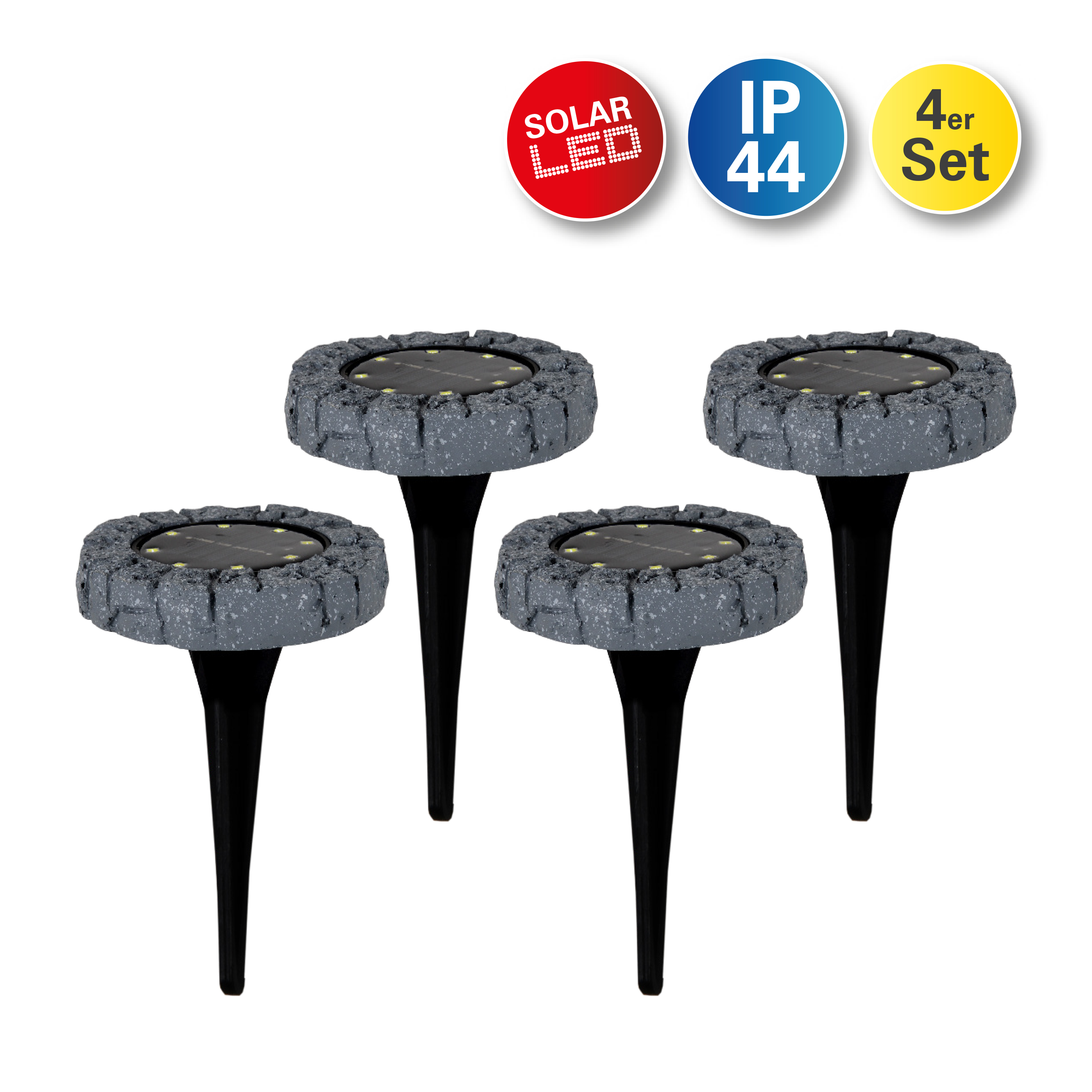 Vier Solar-LED-Gartenleuchten. Graue, steinartige Oberteile auf schwarzen Pfählen, mit roten und blauen Logos.