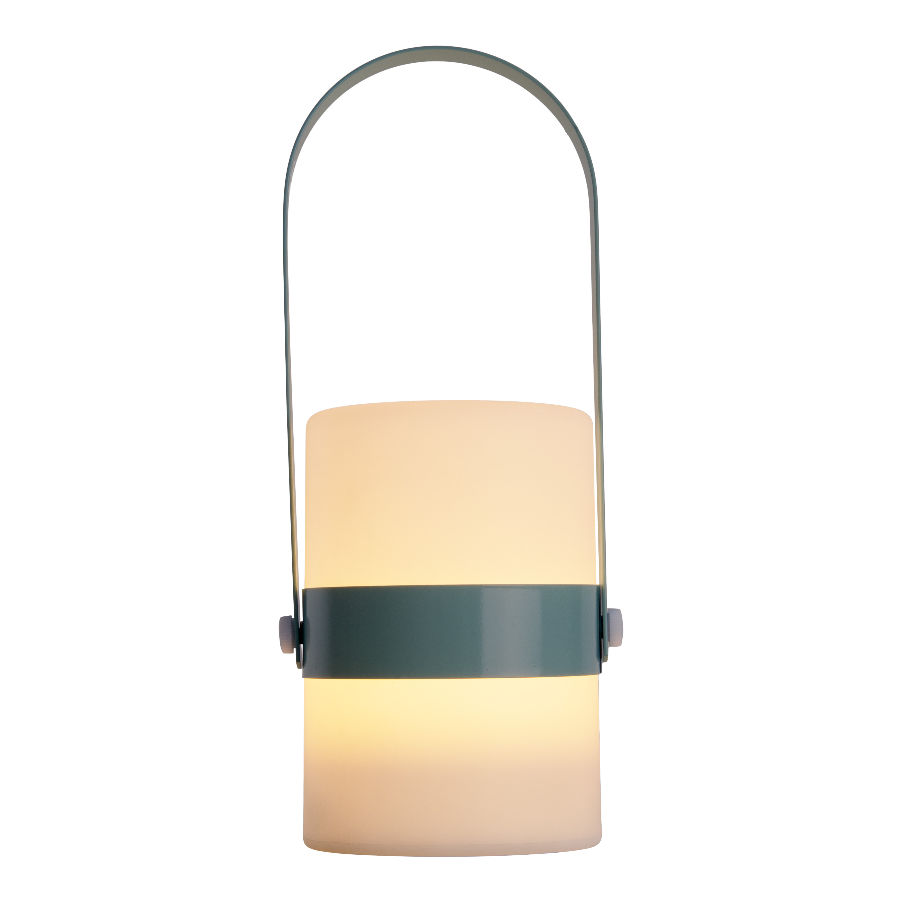 Laternenförmige Lampe mit Griff, weiße und grüne Farben, weißer Hintergrund.