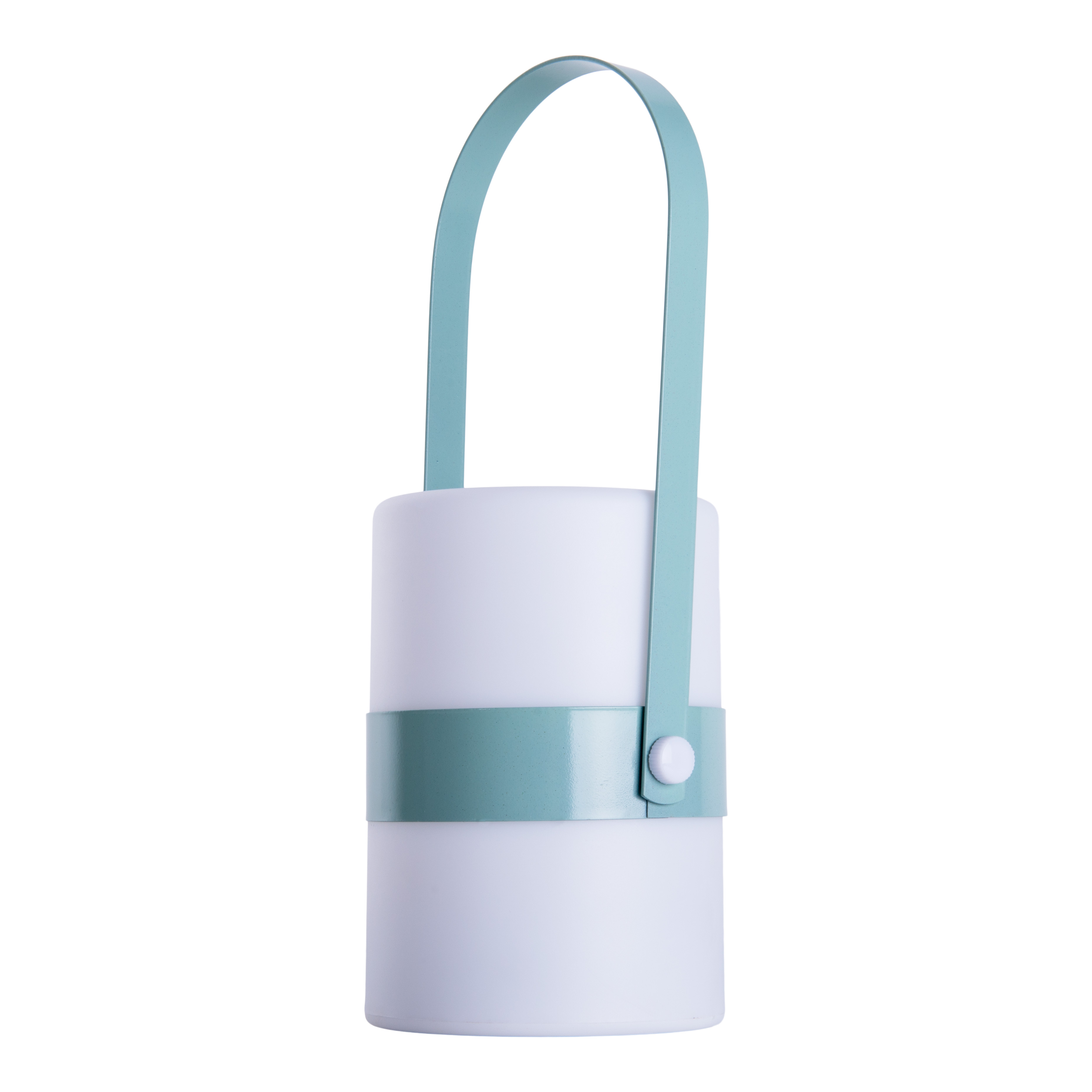 Weiß-teal-farbene zylindrische Laterne mit teal-farbenem Griff, isoliert auf Weiß.