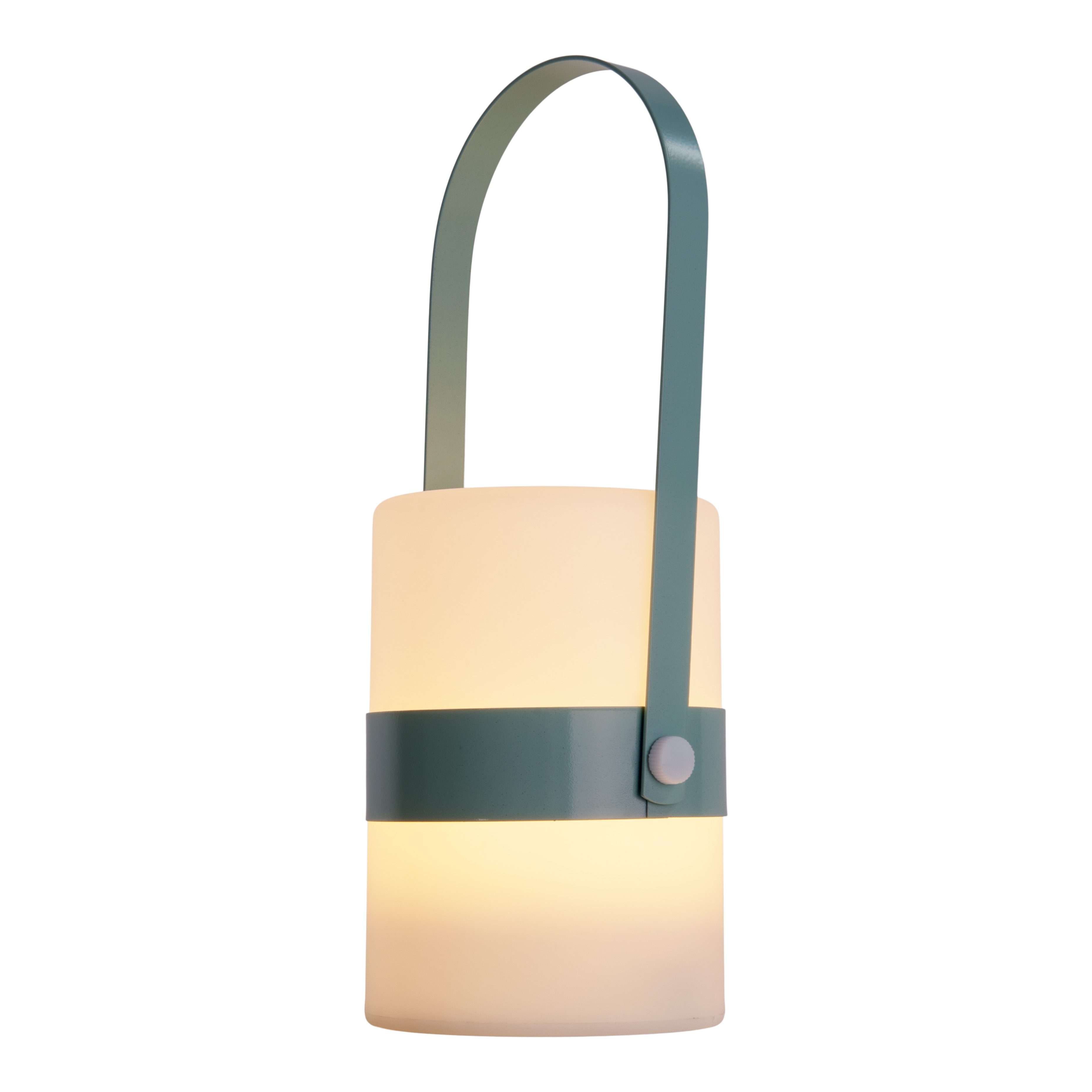 Eine zylindrische Lampe mit einem türkisfarbenen Griff und Band. Die Lampe ist weiß mit einem Lichtschein.