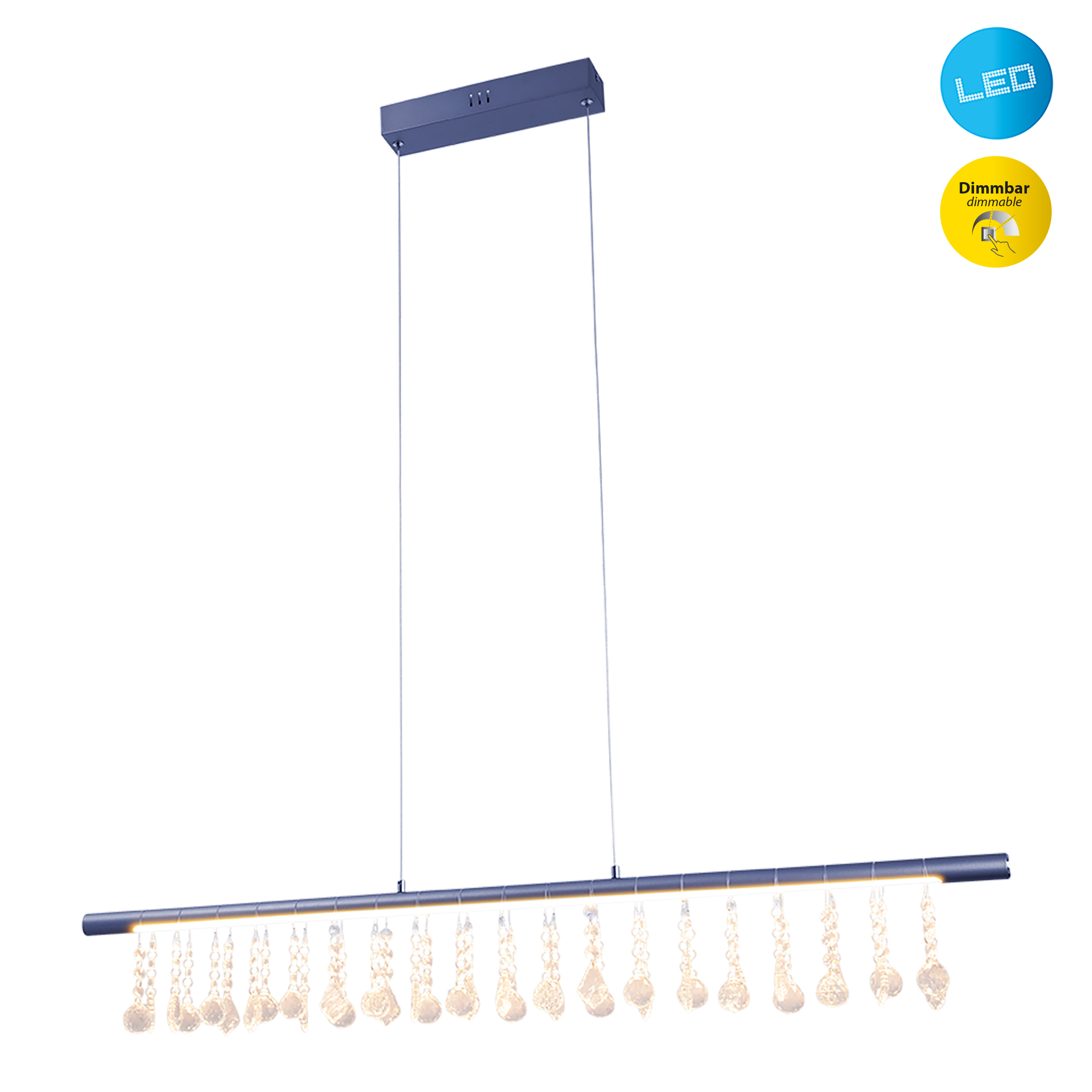 Moderne Pendelleuchte, schwarz mit Kristallornamenten. Das Licht verfügt über LED- und Dimmfunktionen.