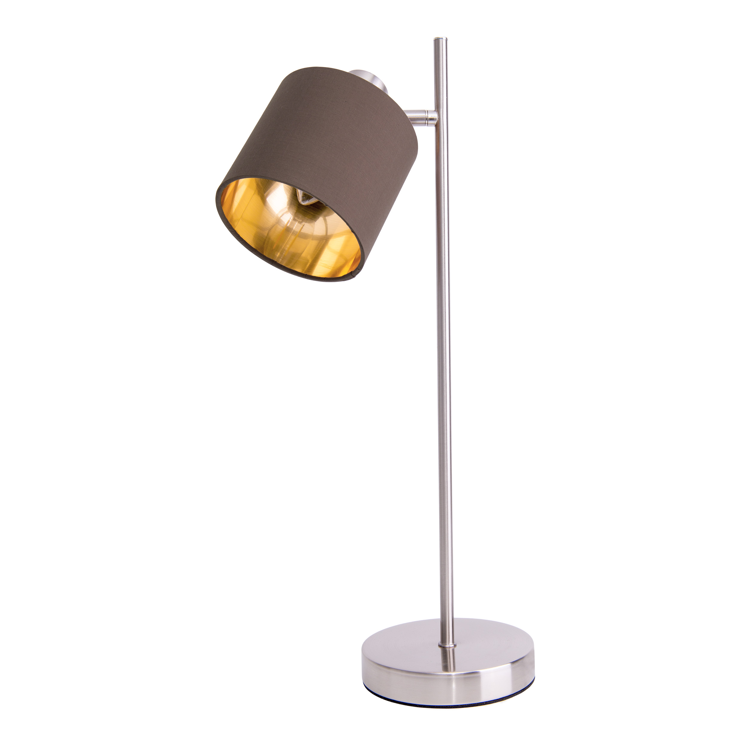 Eine silberne Tischlampe mit grauem Lampenschirm und goldfarbenem Innenraum.