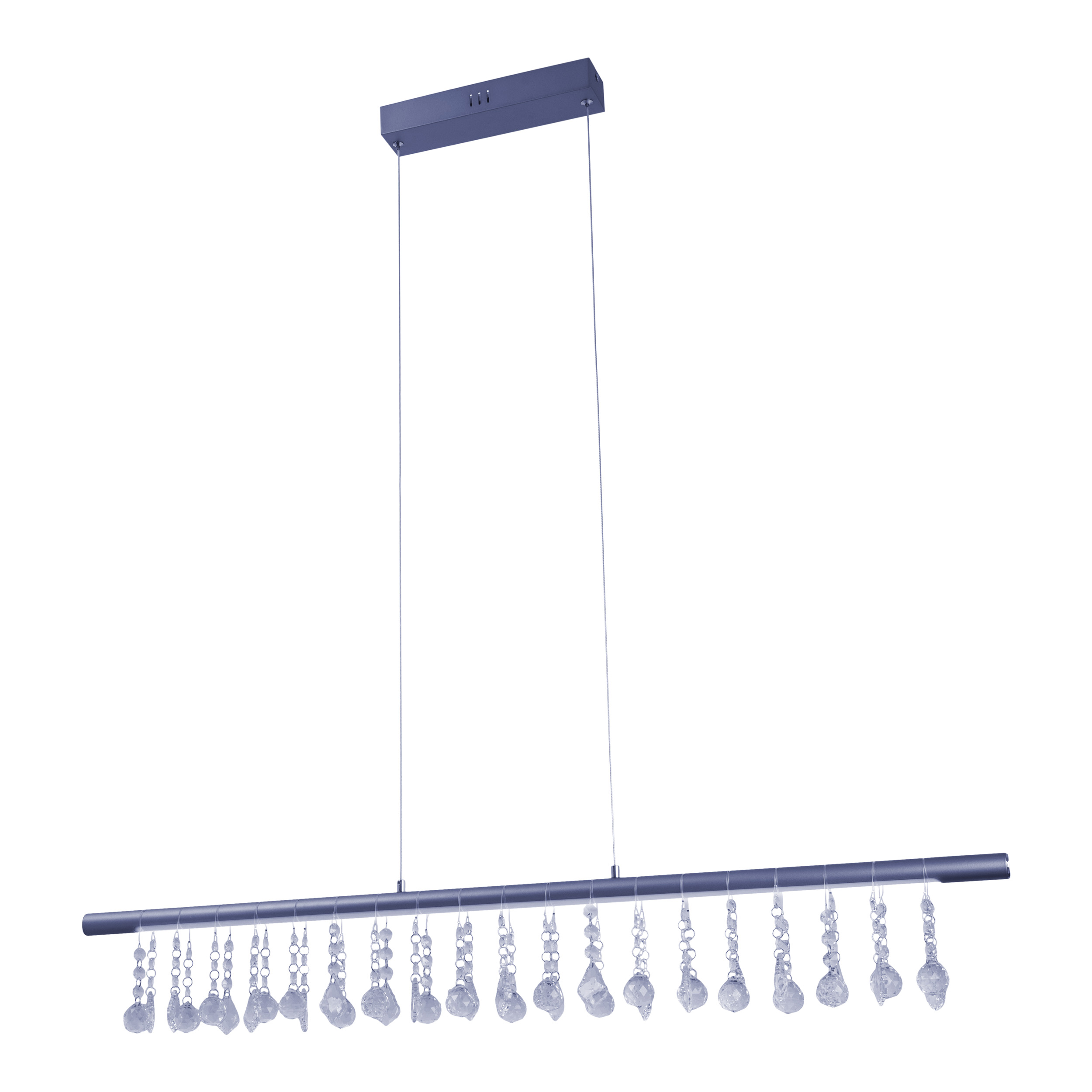 Eine moderne lineare Hängeleuchte mit hängenden Kristallen und dunkelblauem Finish.