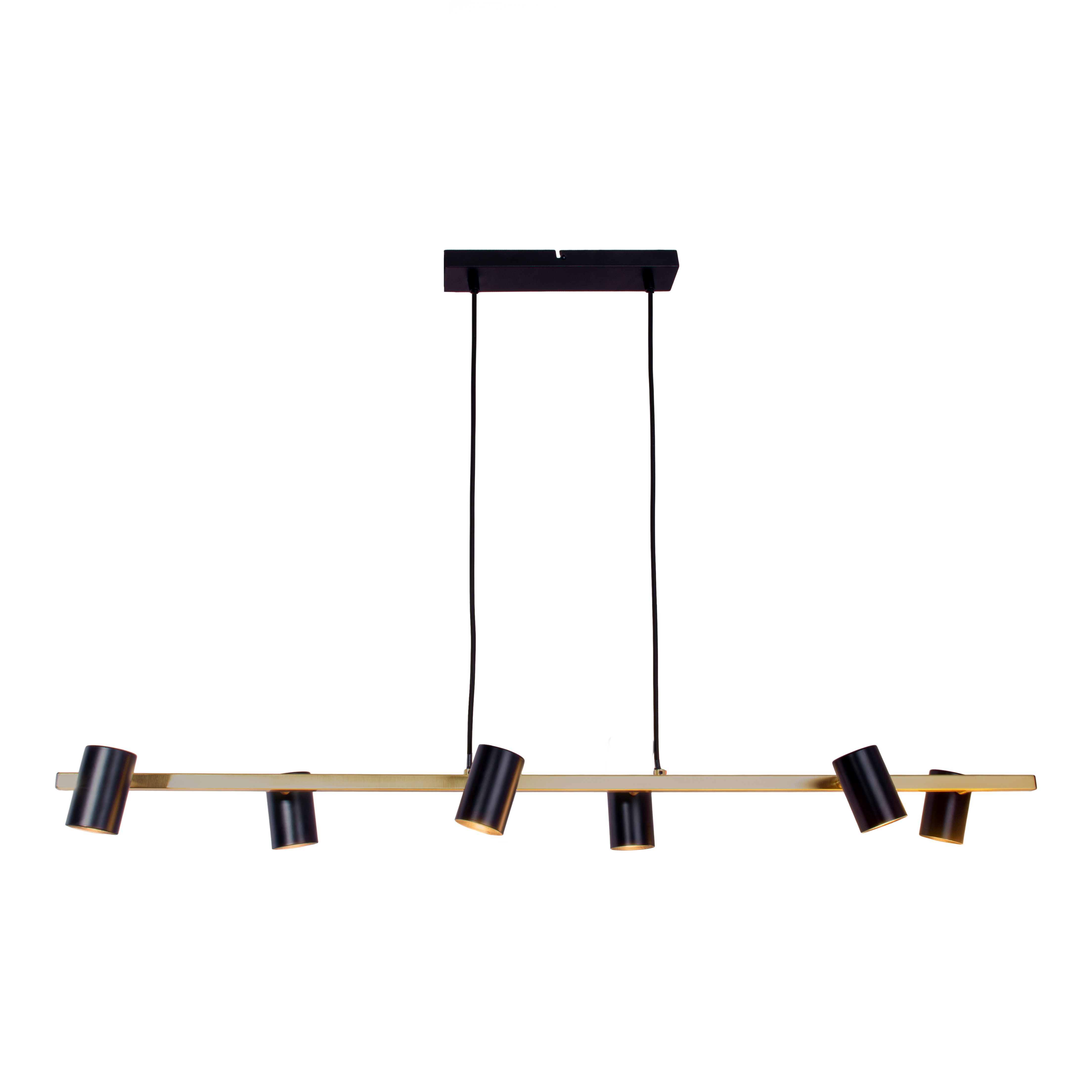 Moderne schwarz-goldene Leuchte. Eine lange Stange mit sechs verstellbaren schwarzen Strahlern, die von der Decke hängen.