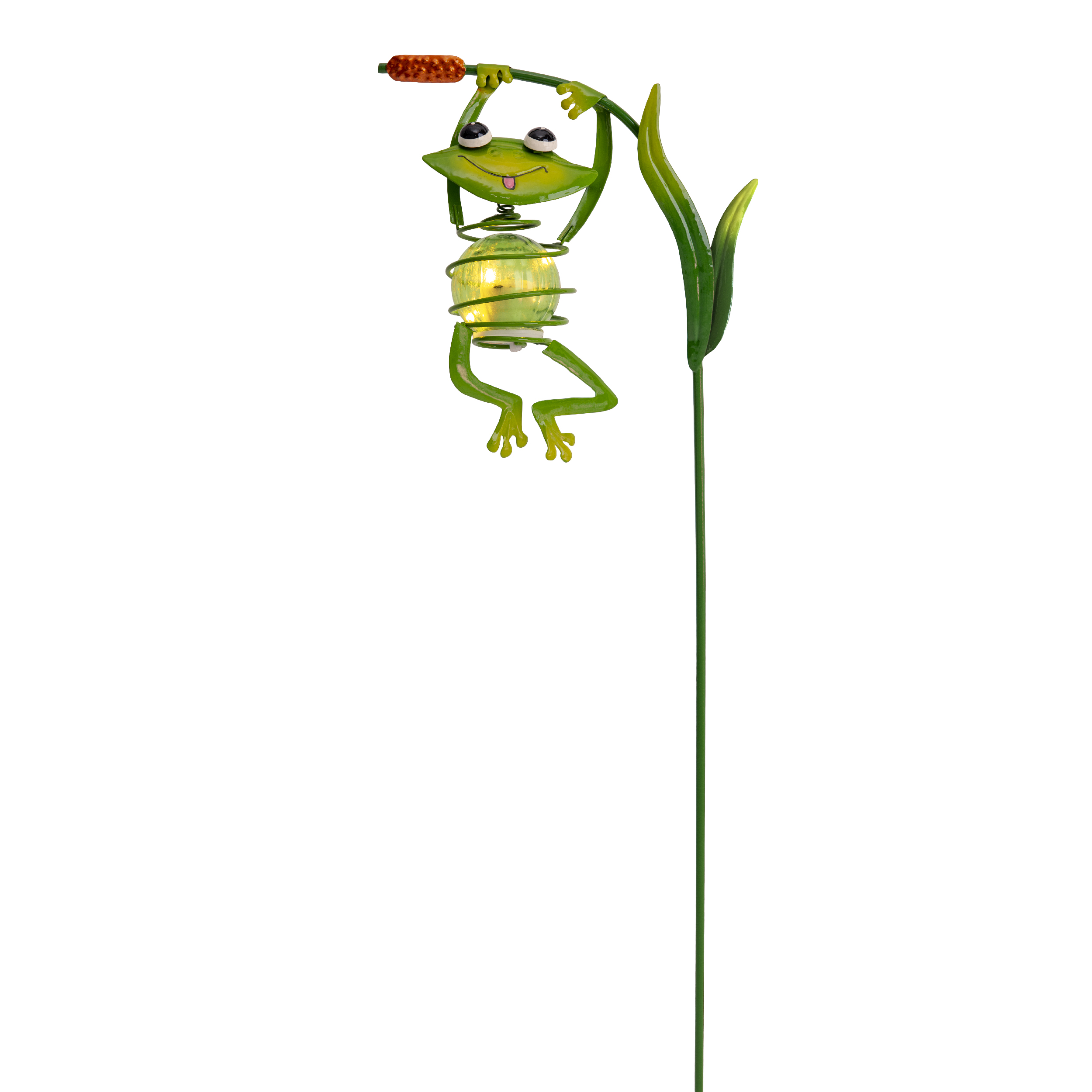 Grüner Frosch hält Licht an grünem Pfahl.
