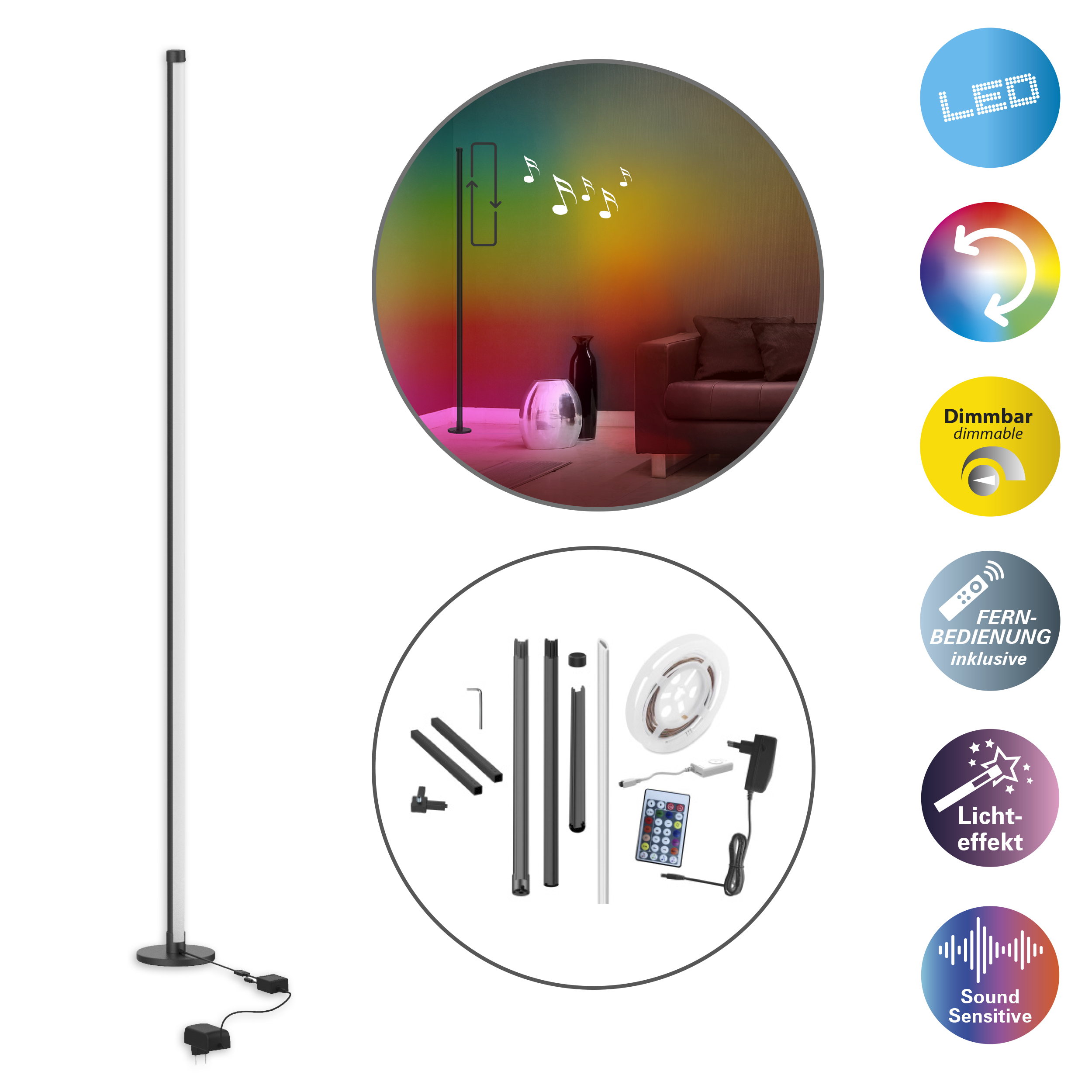 Eine hohe, schwarze Stehlampe mit einem weißen Lichtstreifen und zusätzlichen Funktionssymbolen.