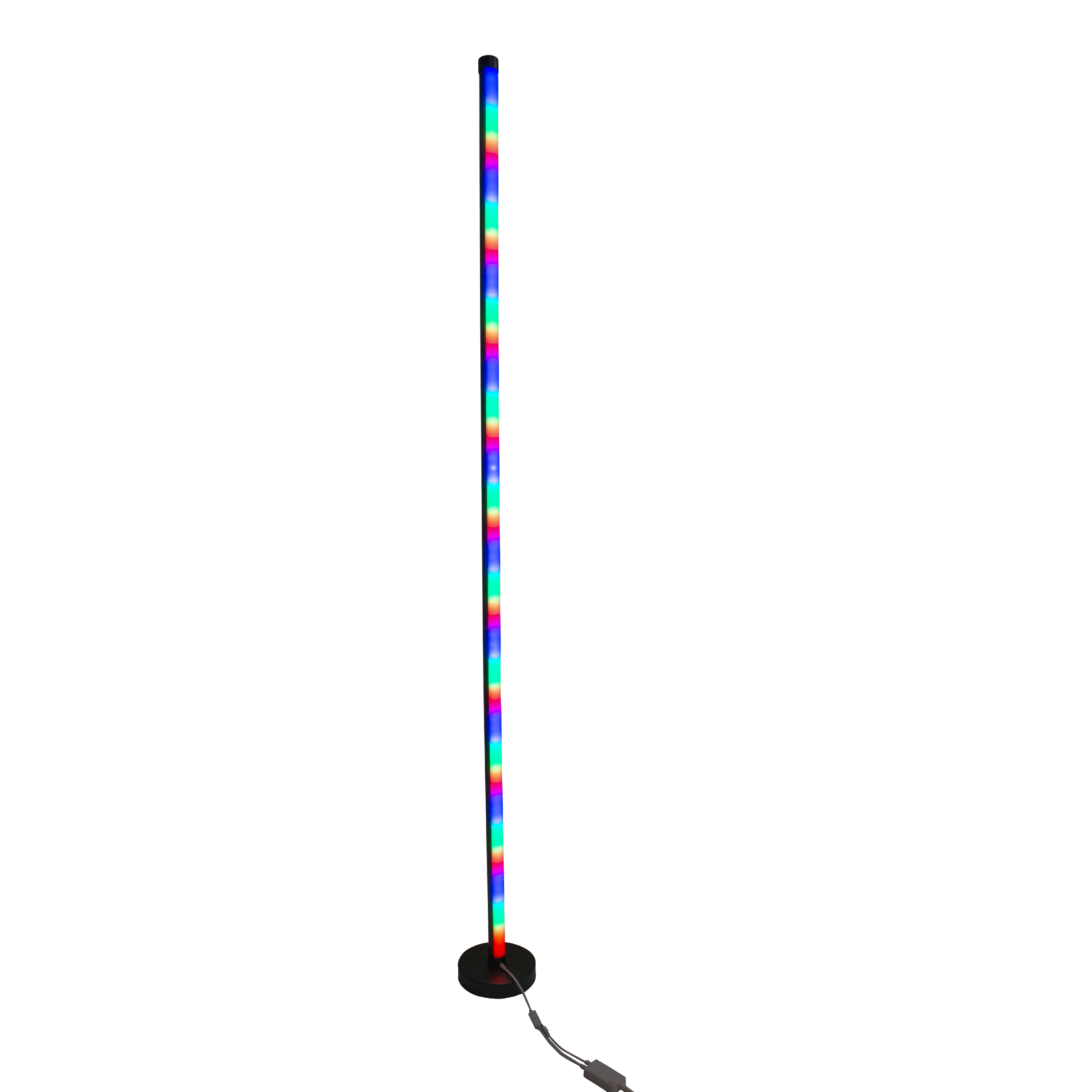 LED-Stehlampe mit farbigem Lichtstreifen. Schwarzer Sockel und weißer Hintergrund.