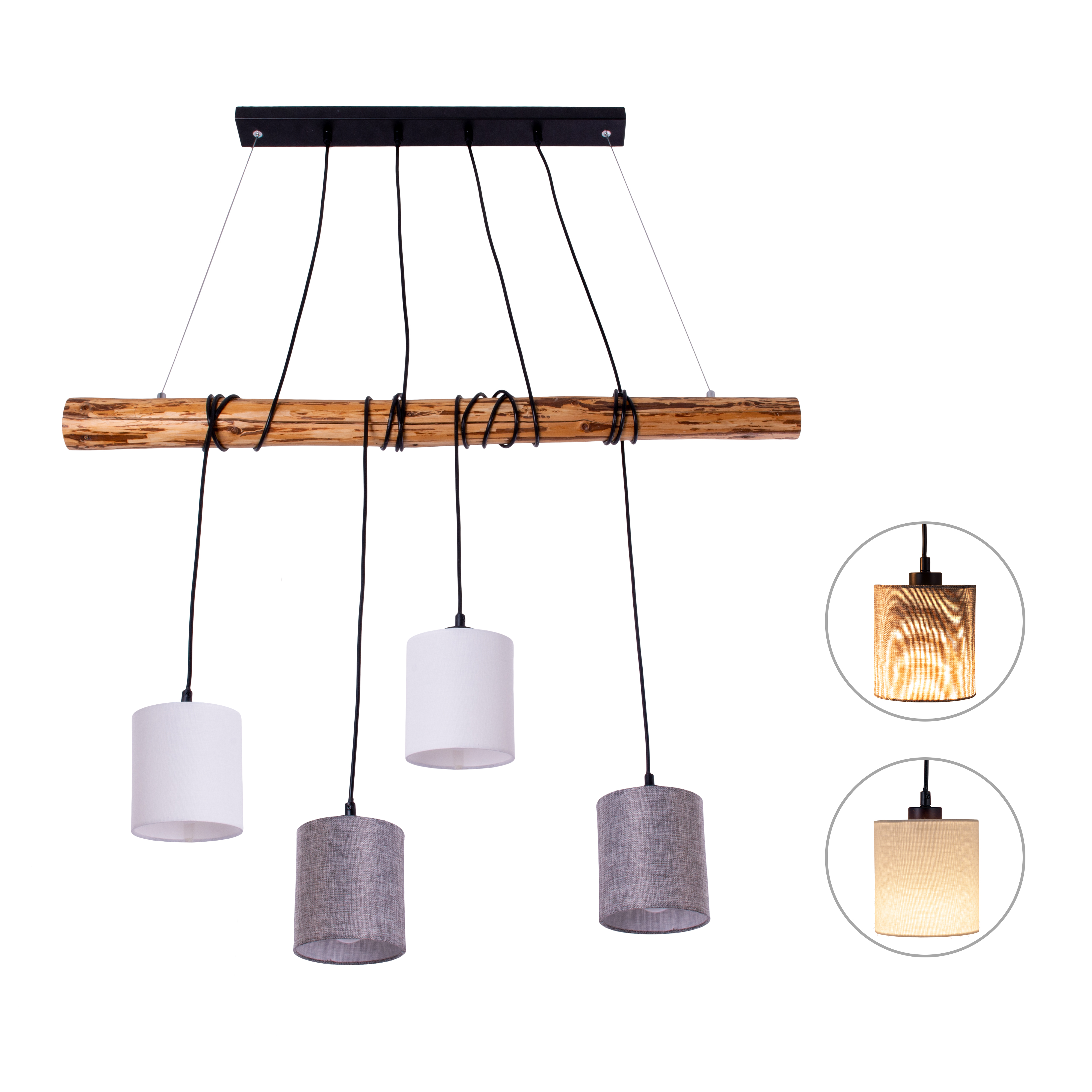 Ein Holzbalken mit vier Pendelleuchten, zwei weiß, zwei grau.