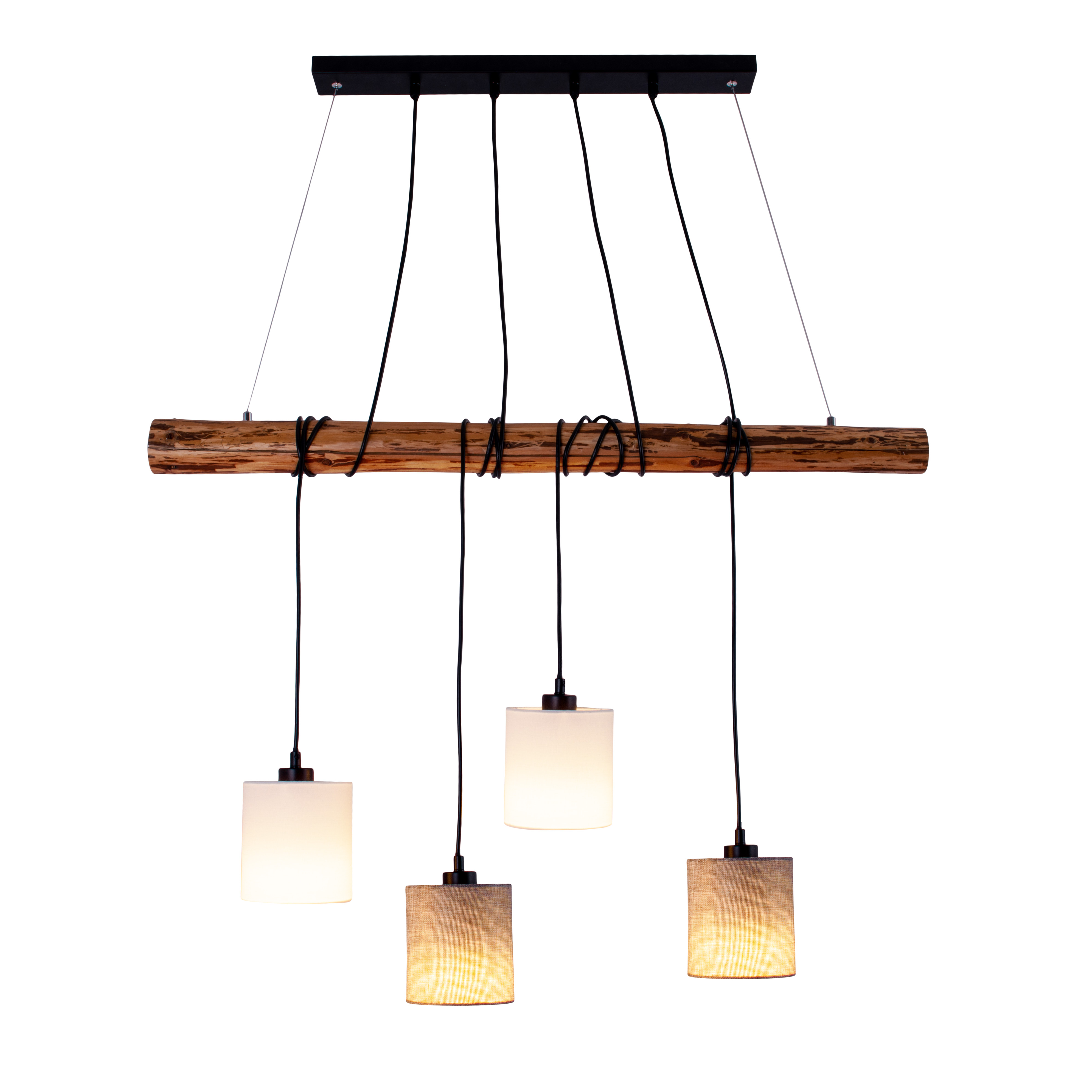 Ein Holzbalken mit vier Hängeleuchten. Die Leuchten sind in Stoff und Glas eingeschlossen.