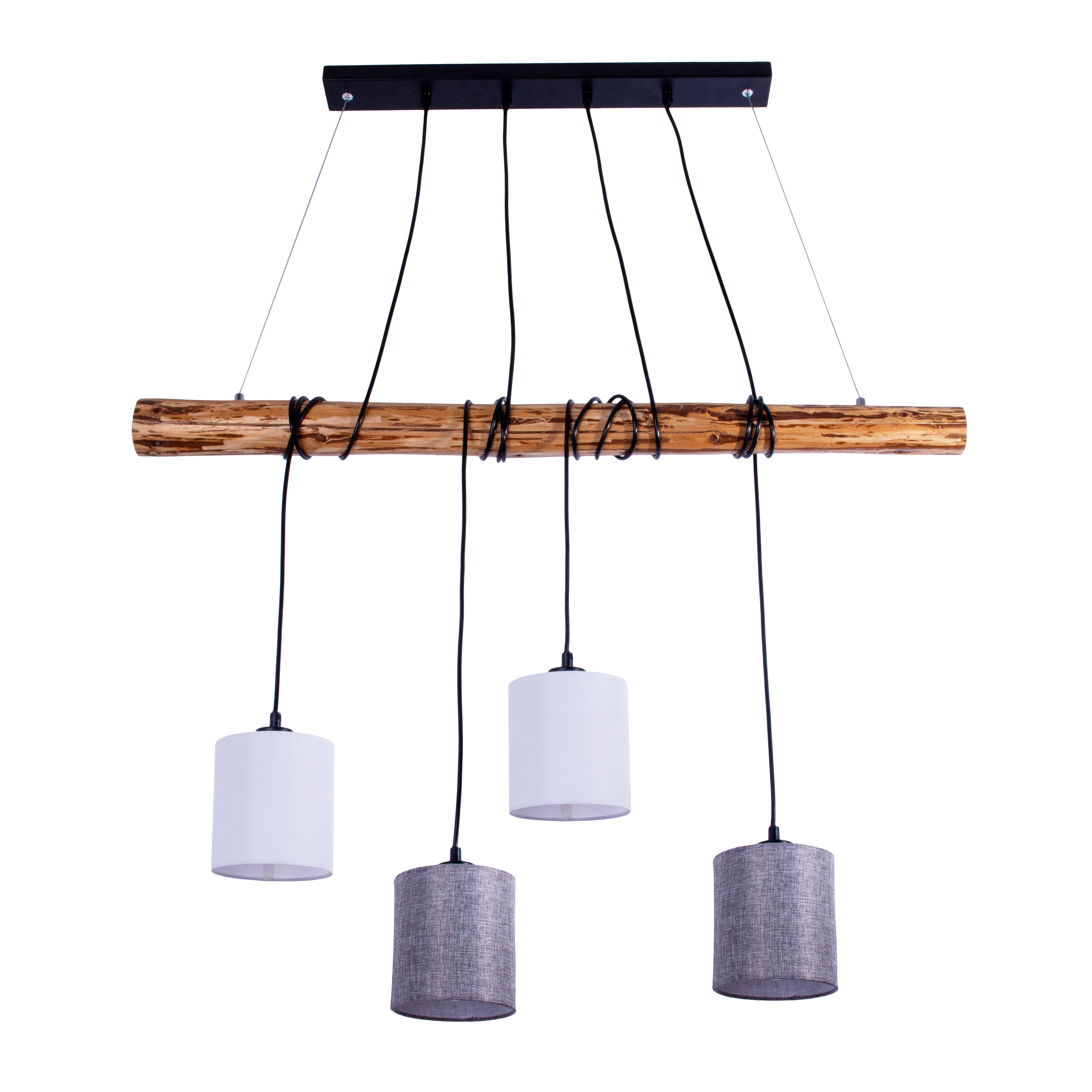 Hängeleuchte mit vier Lampen. Ein Holzbalken und schwarze Kabel. Weiße und graue Lampenschirme.