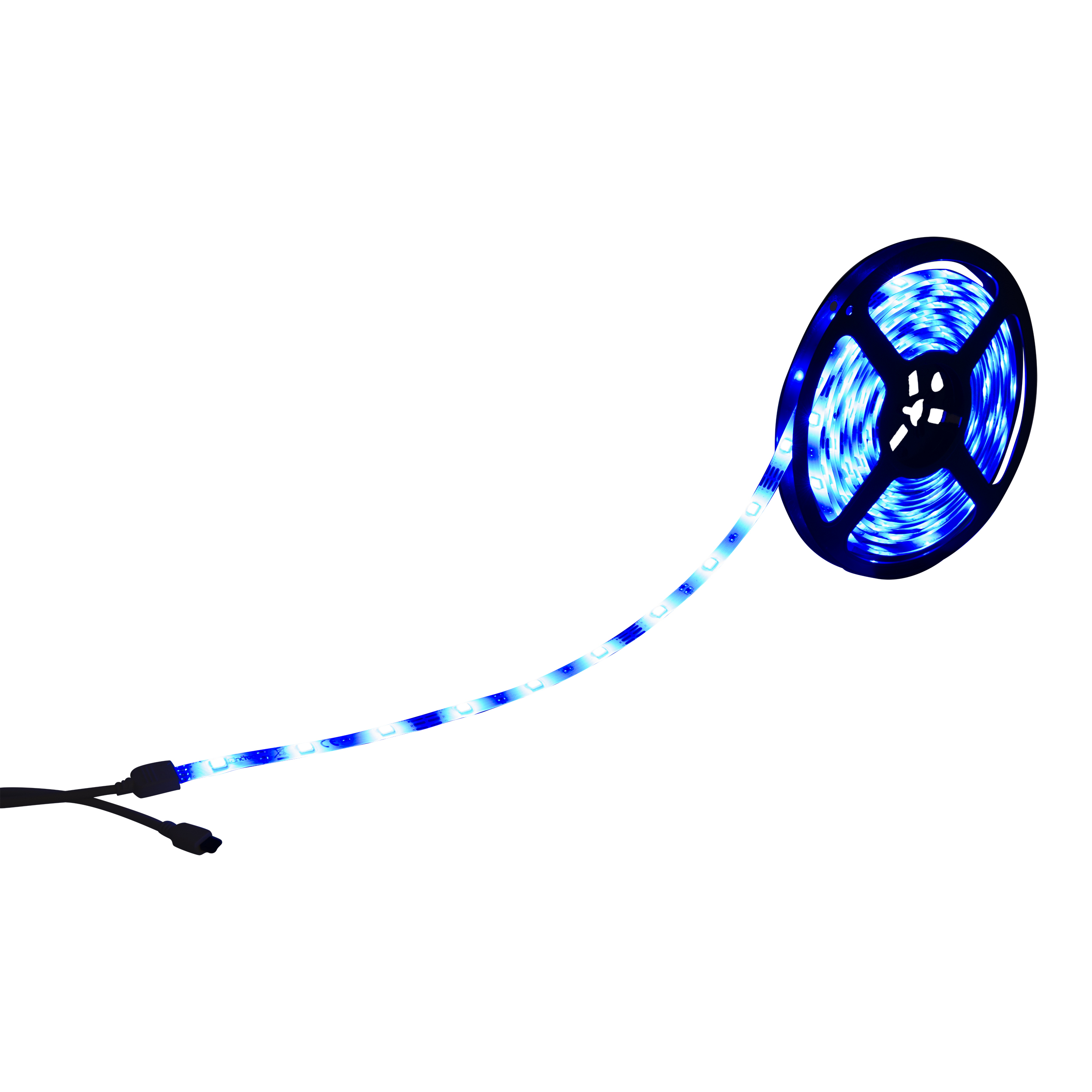 Eine Rolle blaue LED-Streifenlichter mit einem Netzkabel. Das Licht ist an.