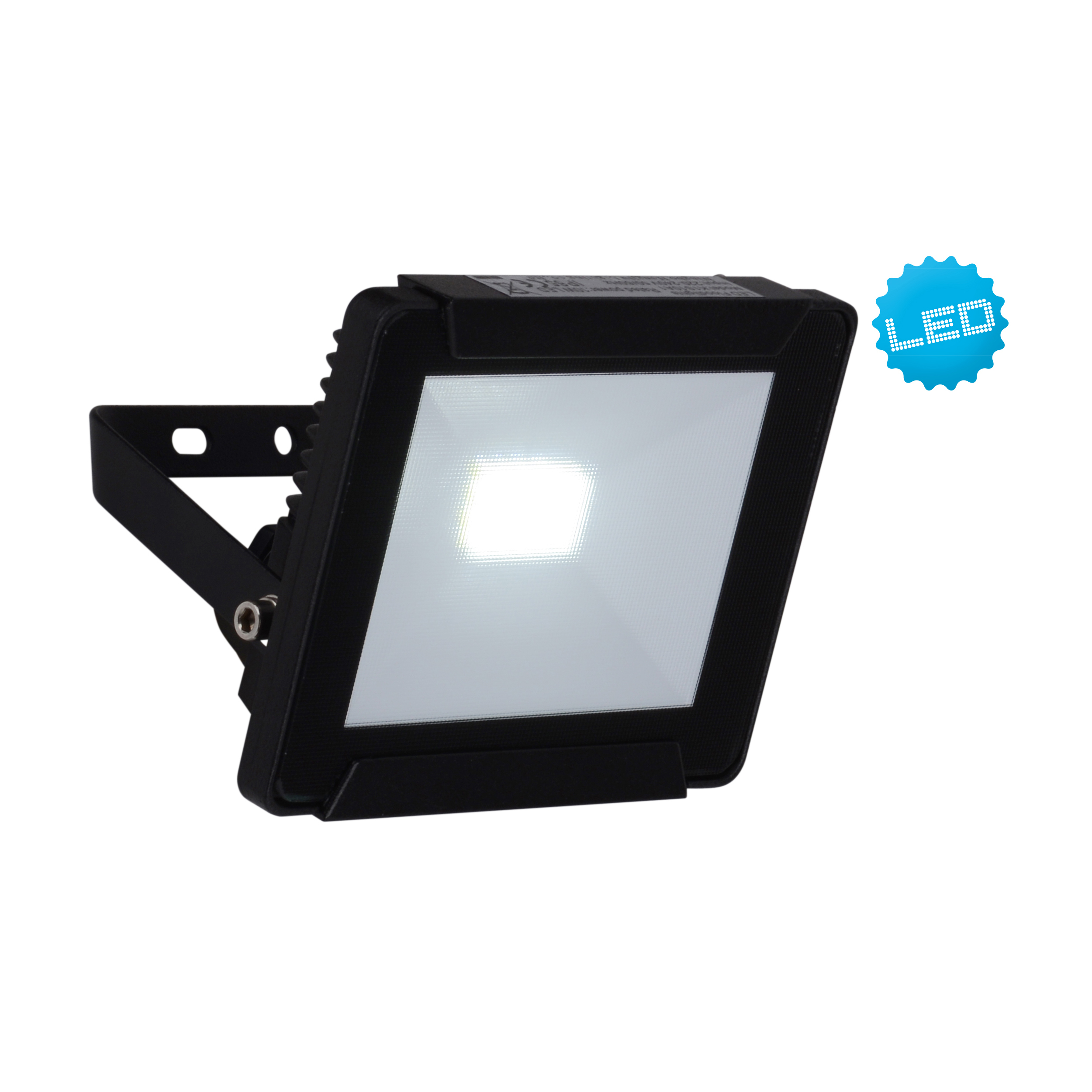 Schwarzer LED-Fluter mit hellem Lichtquadrat, mit LED-Aufkleber, weißer Hintergrund.