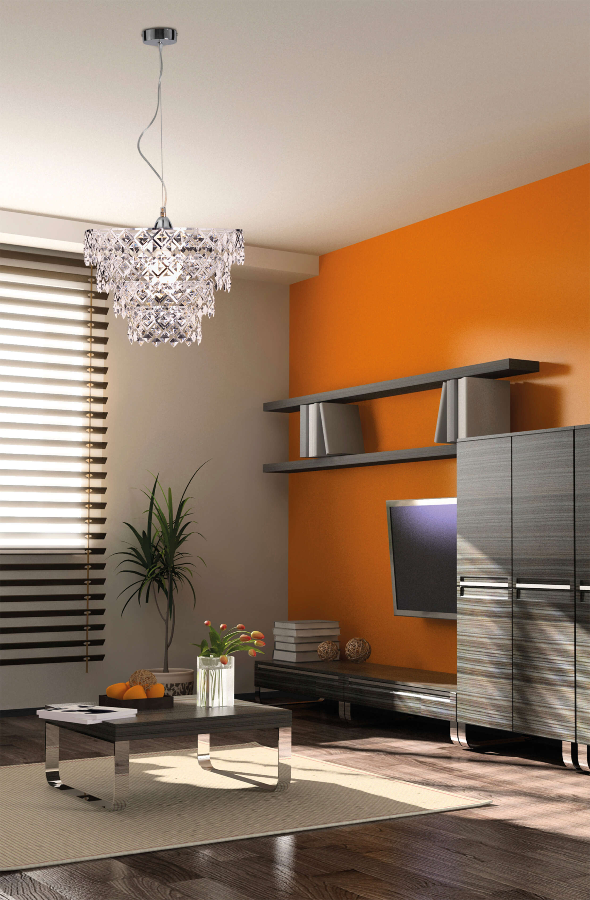 Modernes Wohnzimmer mit Kronleuchter, orangefarbener Wand und dunkelgrauen Möbeln.