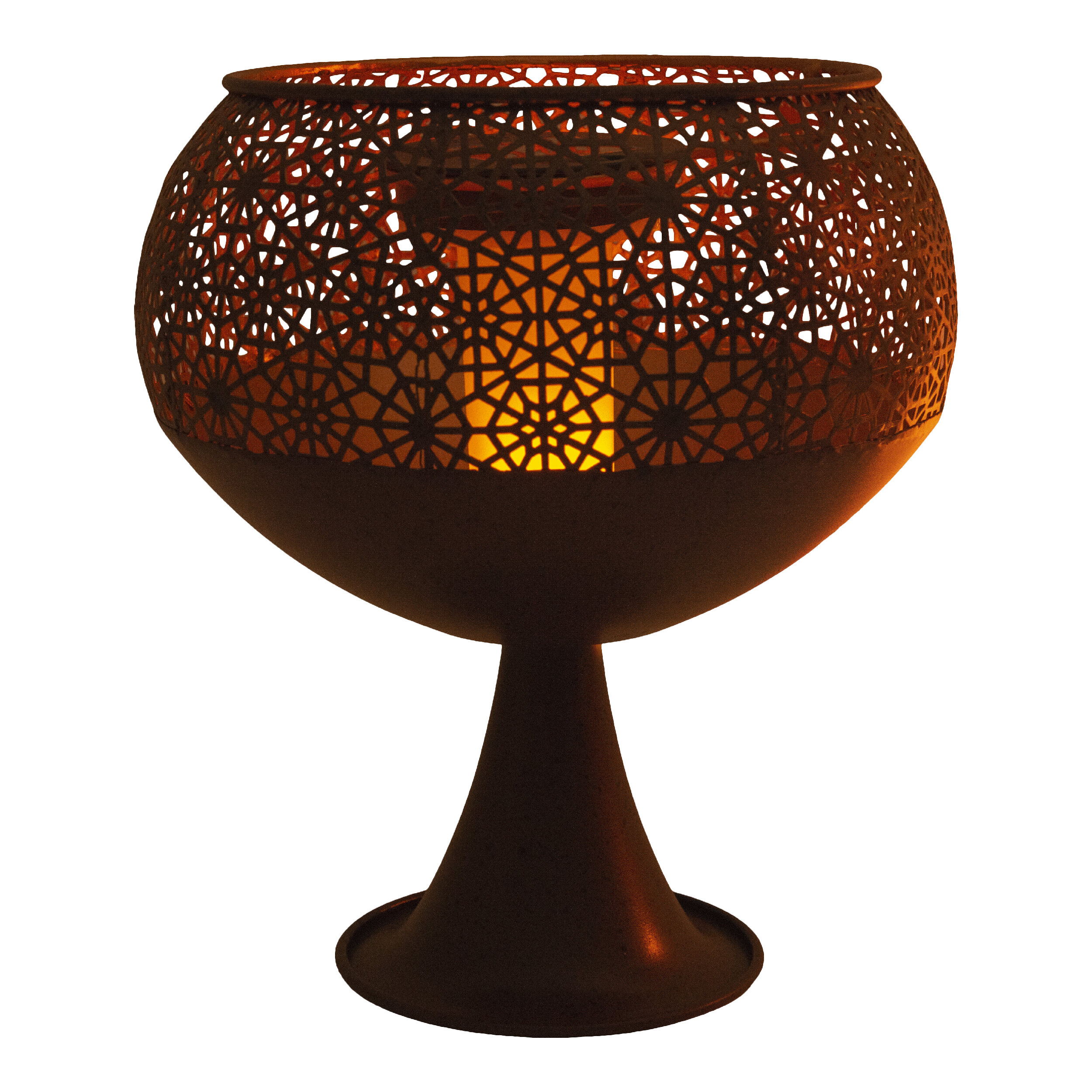 Eine dekorative, braune Metalllampe in Schalenform mit einem gemusterten Design.
