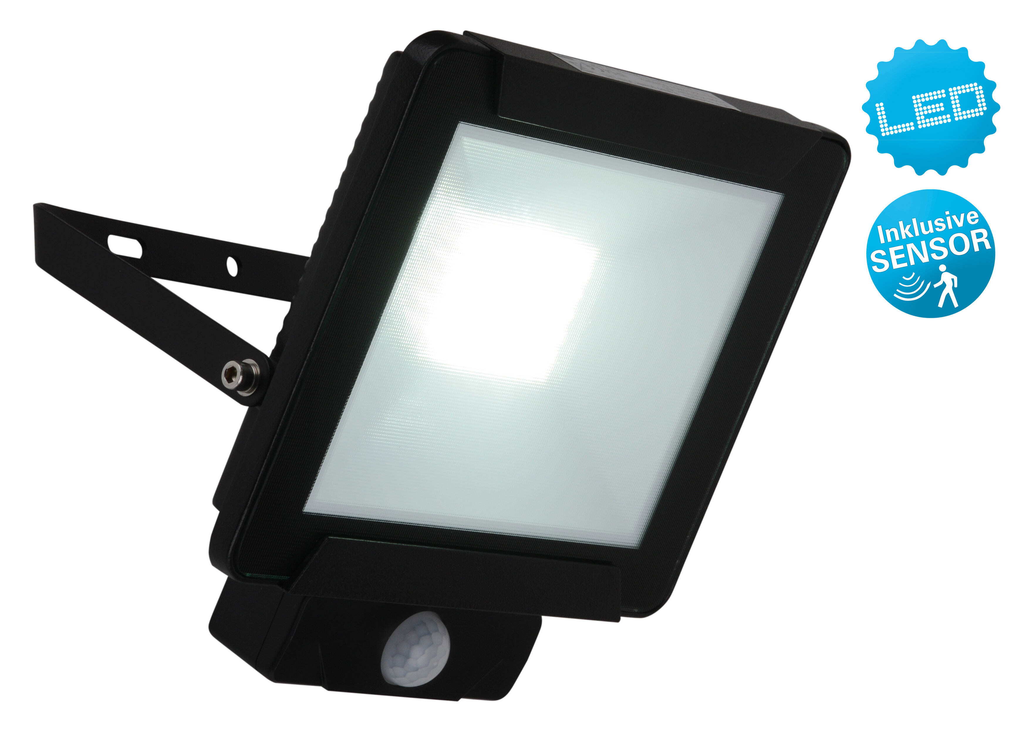 Ein schwarzer LED-Flutlichtstrahler mit weißem Lichtpaneel, Sensor und den Labels 'LED' und 'SENSOR'.