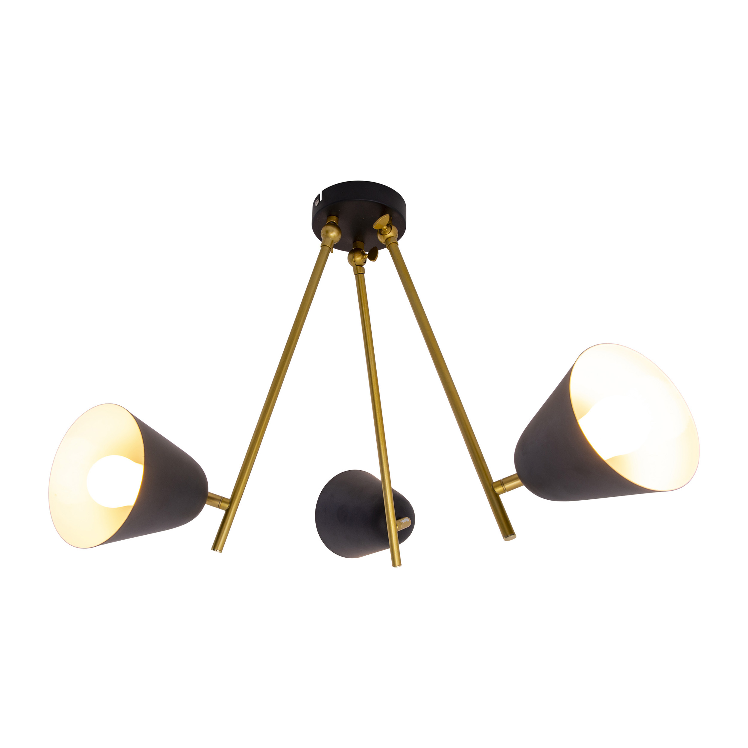 Moderne schwarz-goldene Deckenlampe mit drei kegelförmigen Lichtern.