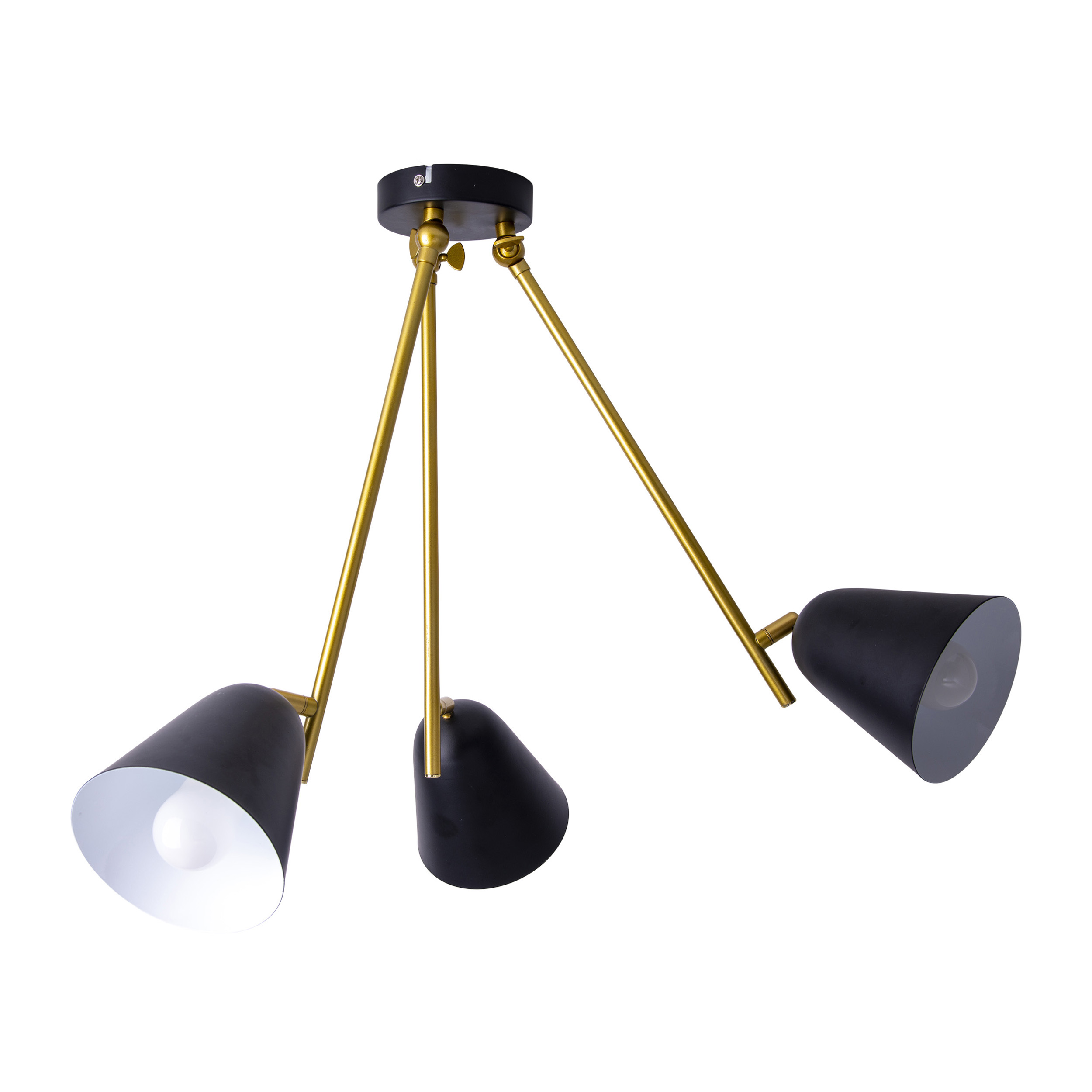 Eine moderne schwarze Deckenlampe mit drei konischen Schirmen und goldenen Armen.