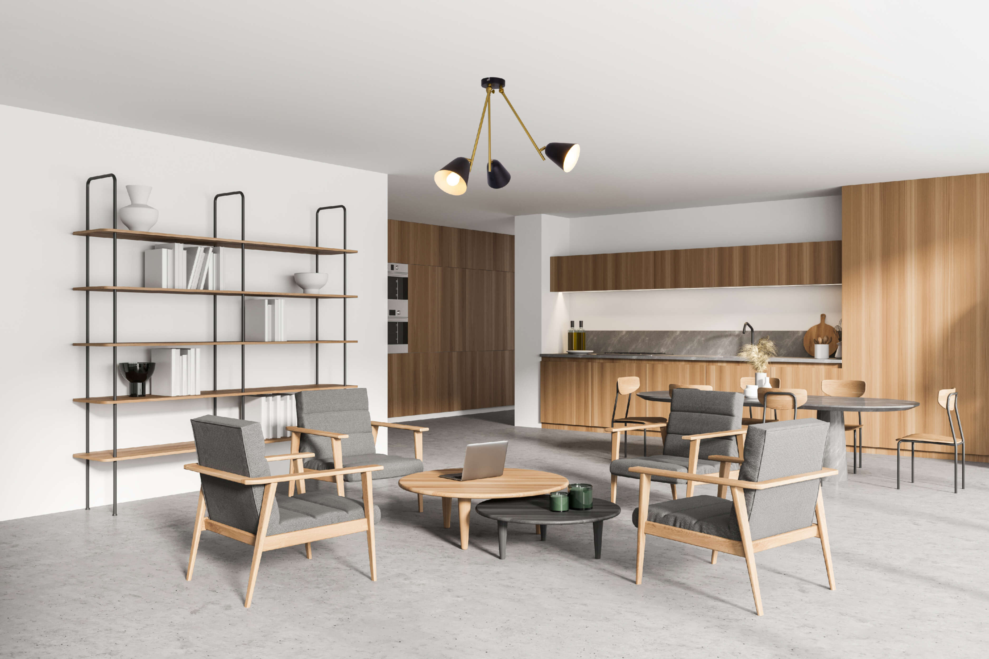 Wohnzimmer mit grauen Stühlen, Holzregalen, einem runden Tisch und Holzschränken.