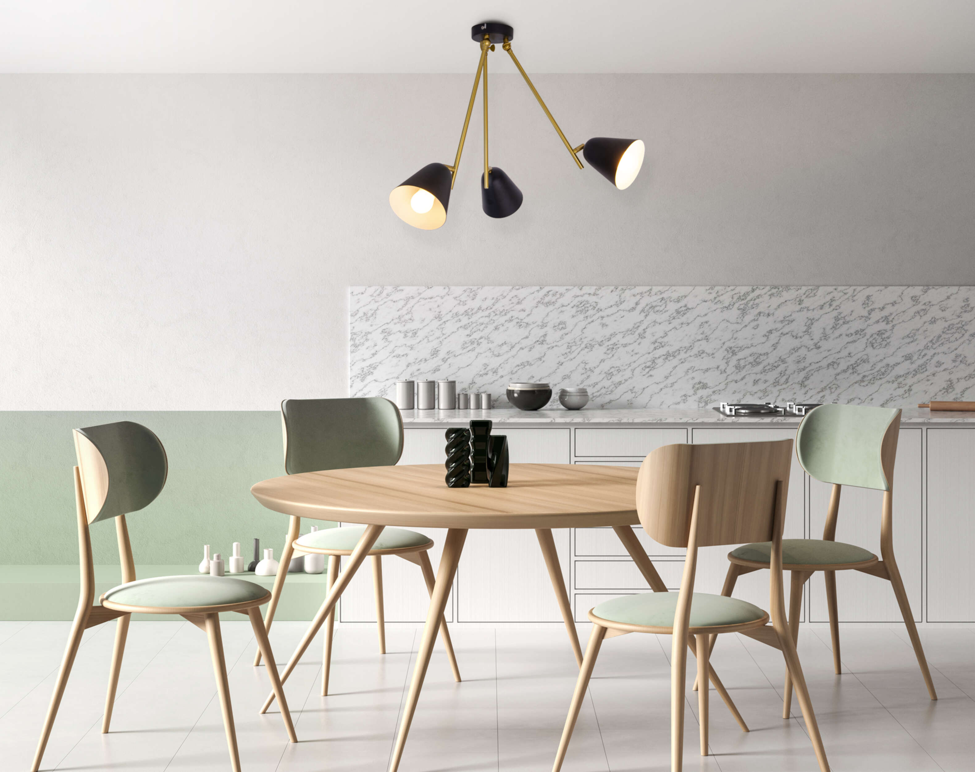 Ein Esszimmer mit Holztisch und Stühlen, Hängelampen.
