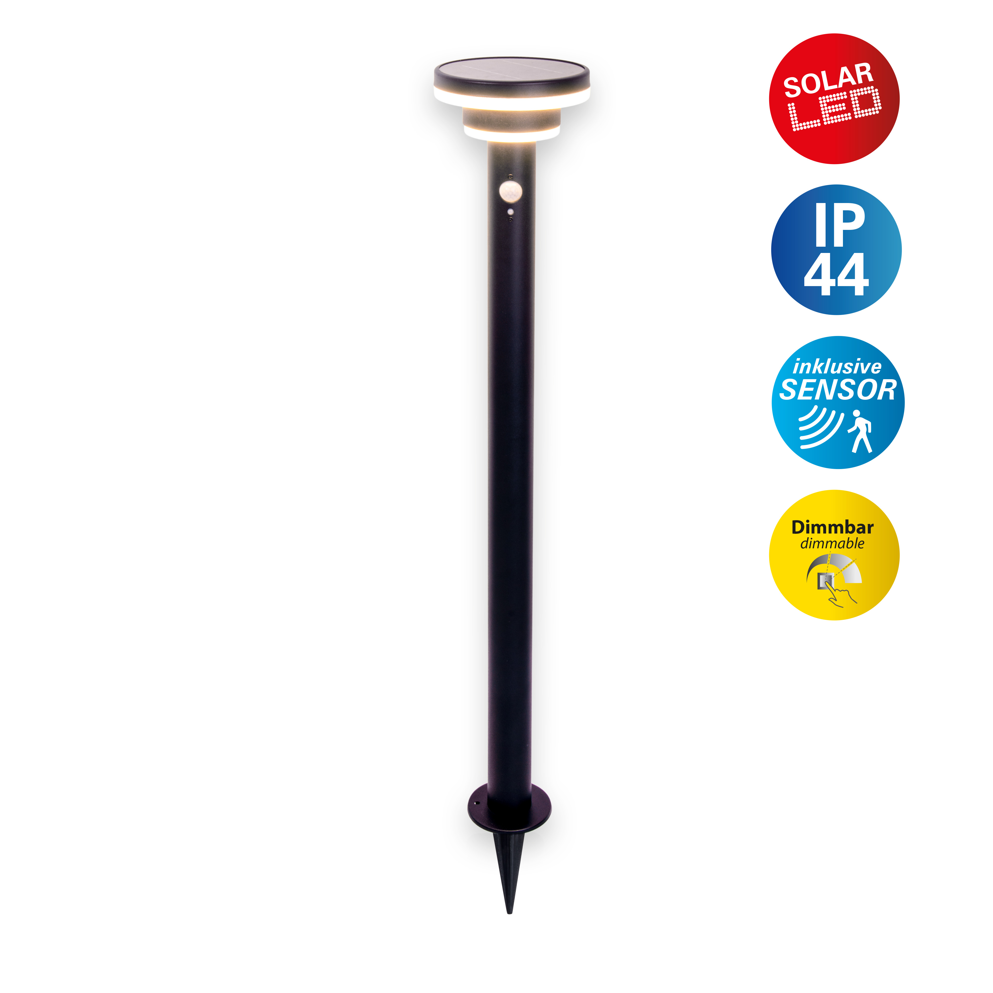 Ein schwarzes Solar-LED-Gartenlicht mit Sensor und dimmbaren Funktionen.