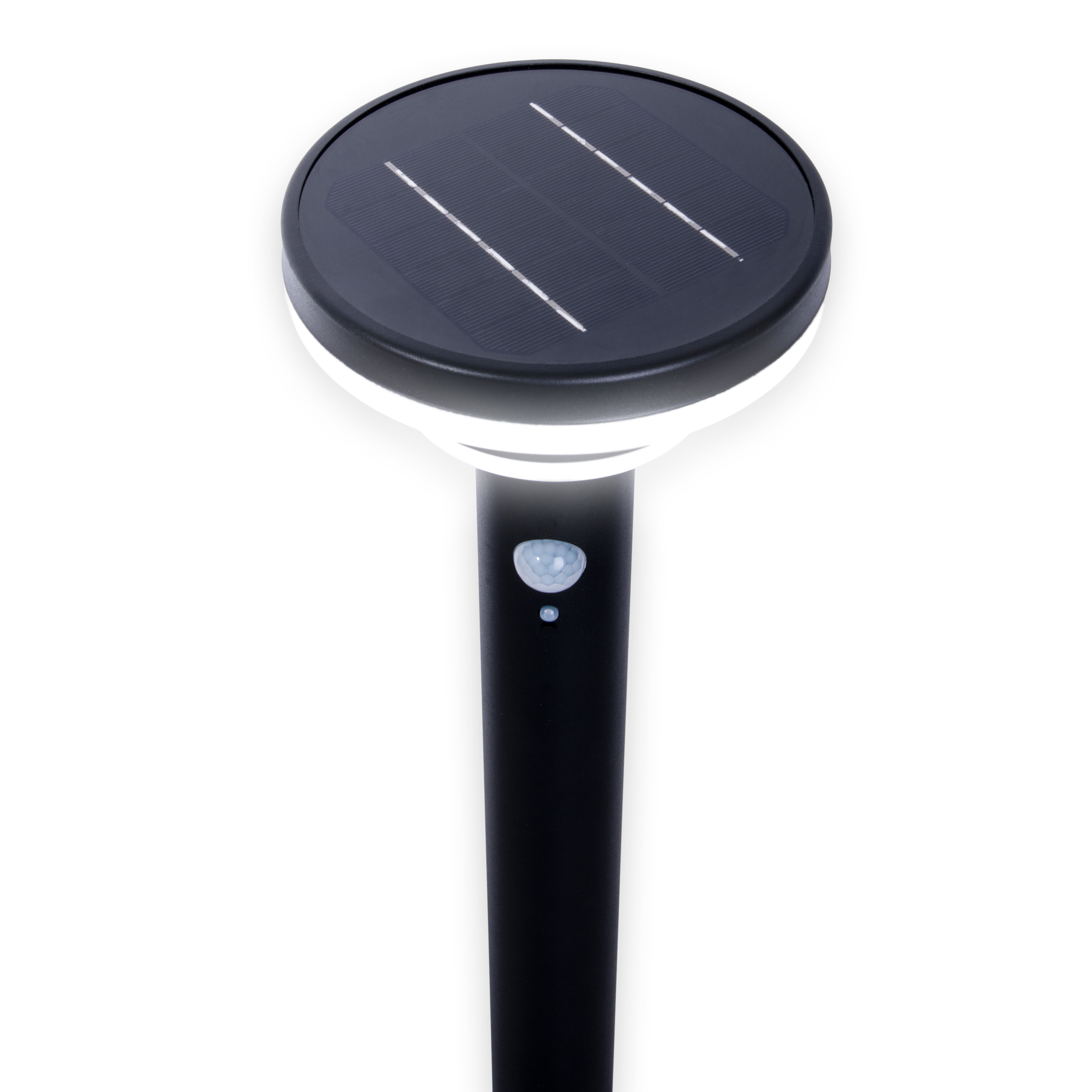 Schwarze Solar-Gartenleuchte mit rundem Solarpanel und weißem Lichtring.