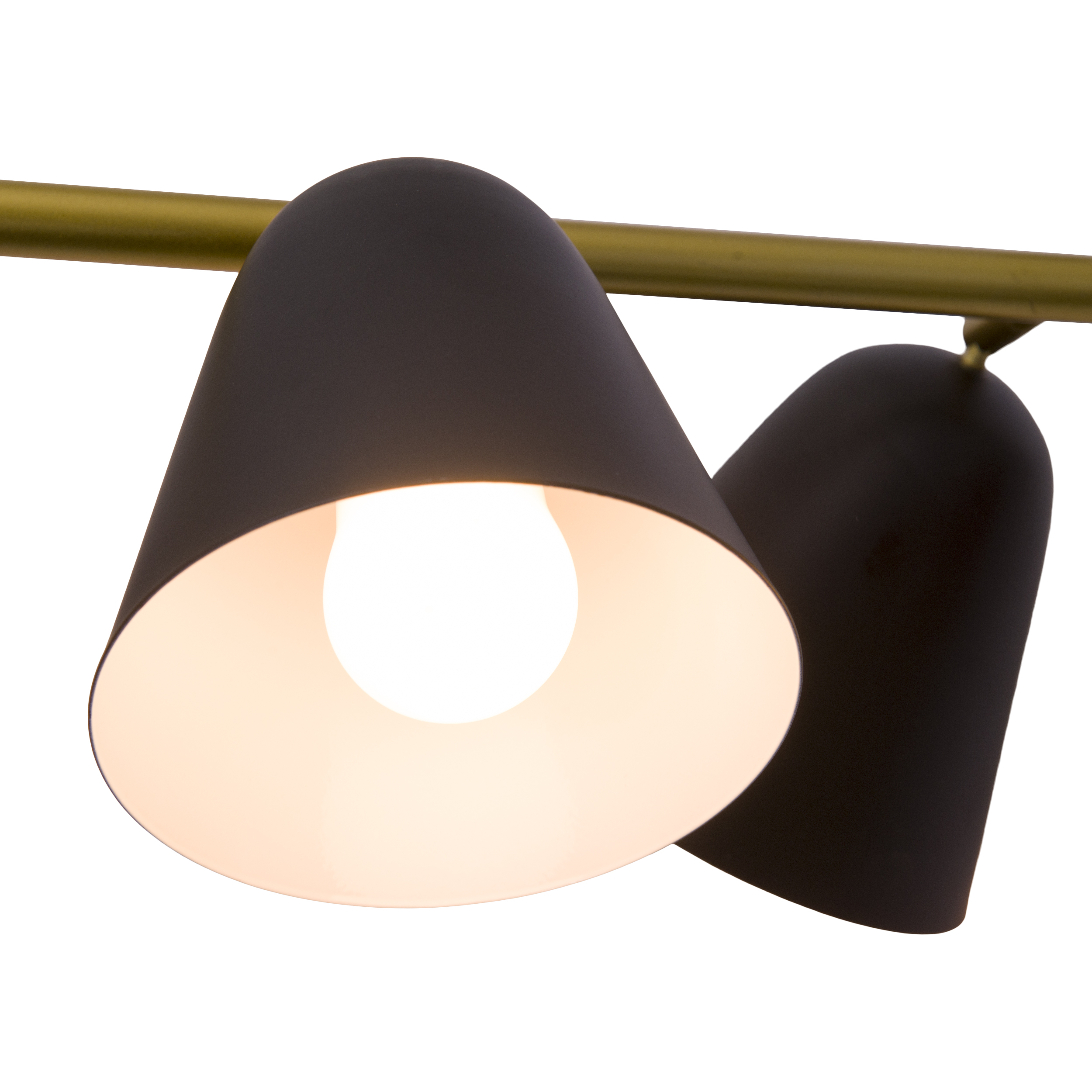 Zwei schwarze, kegelförmige Lampen mit goldenem Balken, Glühbirnen sichtbar, weißer Hintergrund.