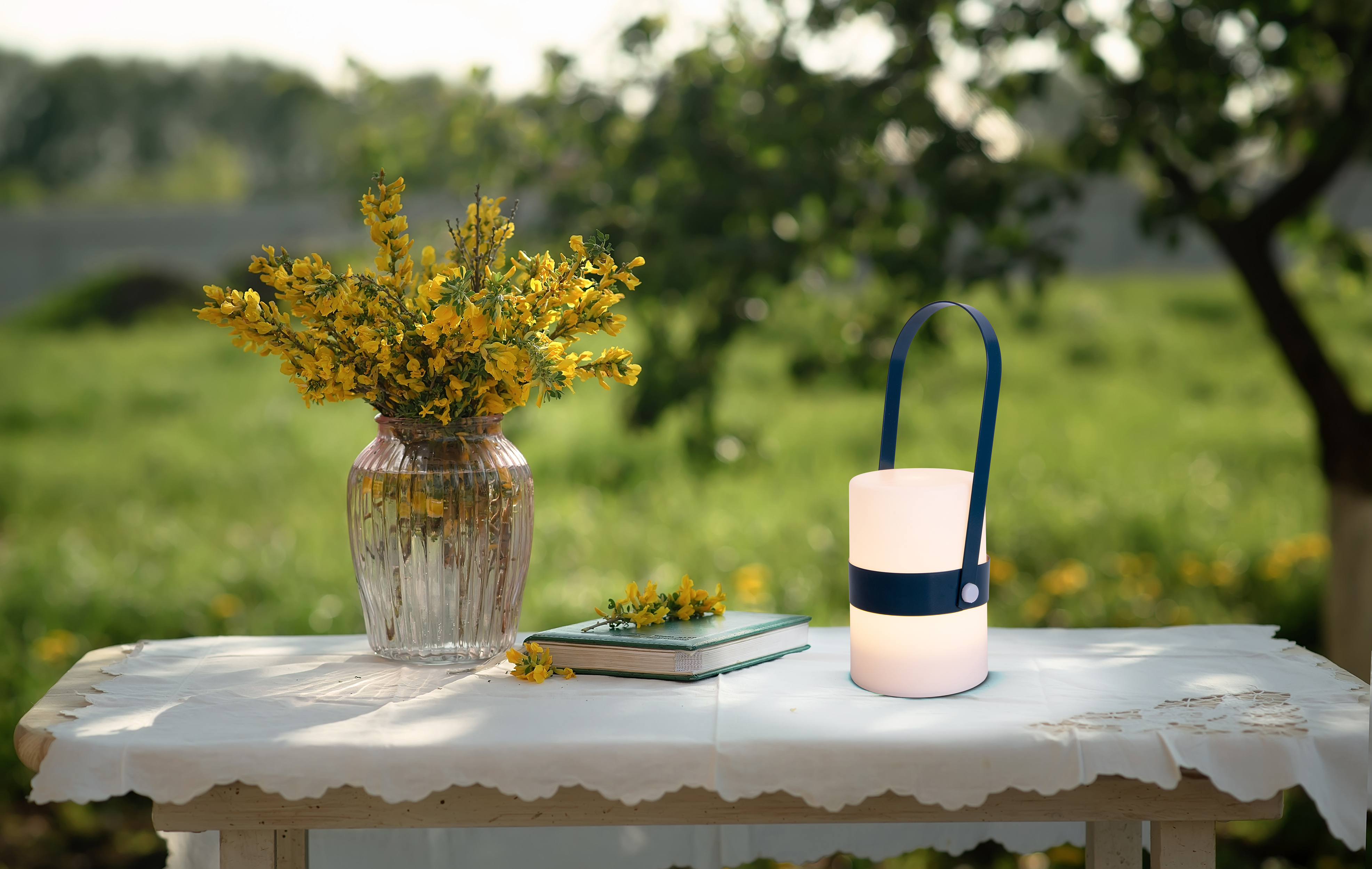 Ein Tisch mit einer Vase mit gelben Blumen, einem Buch und einer weißen Laterne. Grünes Gras im Hintergrund.