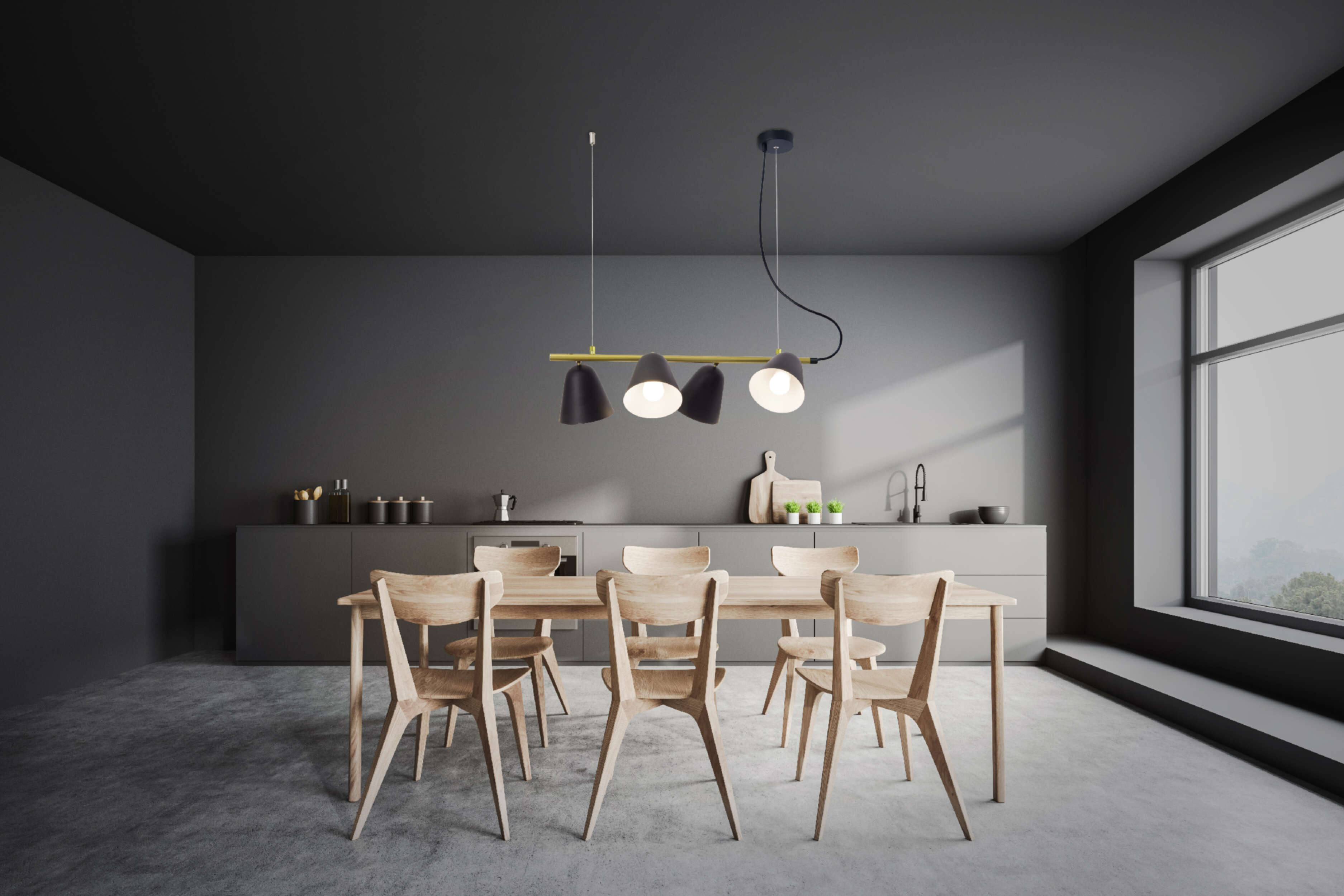 Ein modernes Esszimmer mit Tisch, Stühlen und einer schwarz-goldenen Leuchte.