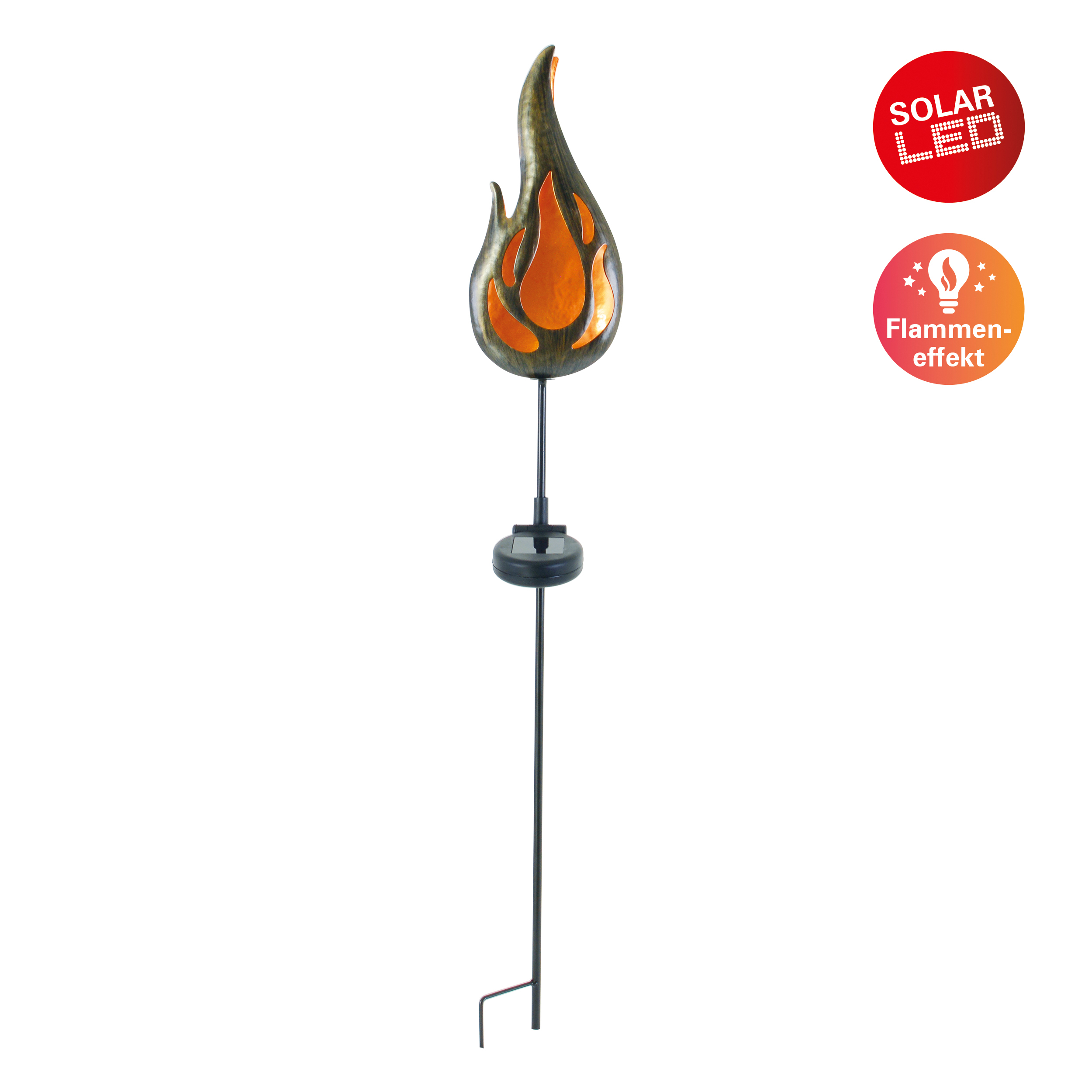Solar LED Gartenstecker mit Flammeneffekt. Die Flamme ist orange, der Stab ist schwarz.
