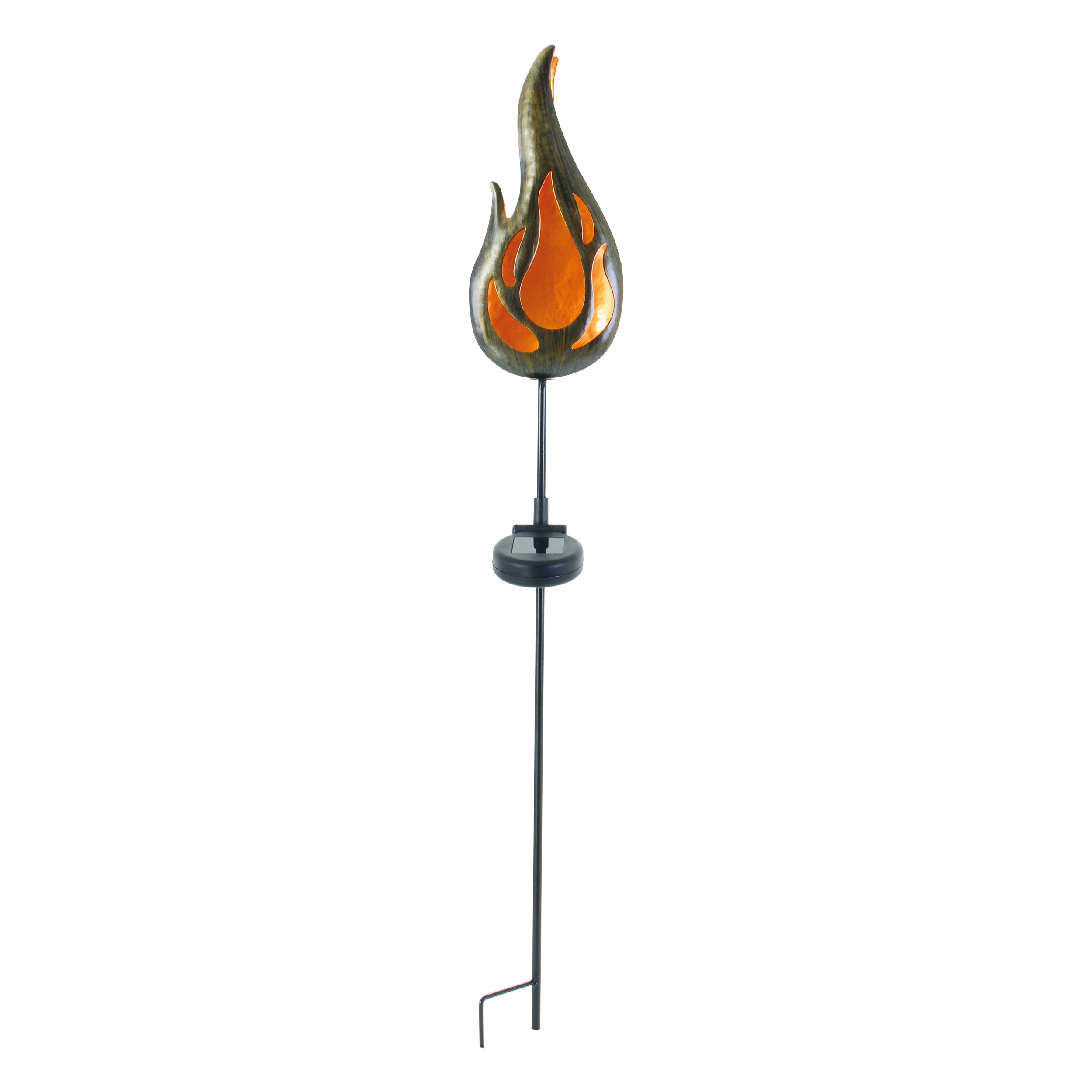 Flammenförmige Gartensteckleuchte mit Solarpanel. Die Flamme ist orange und gelb.
