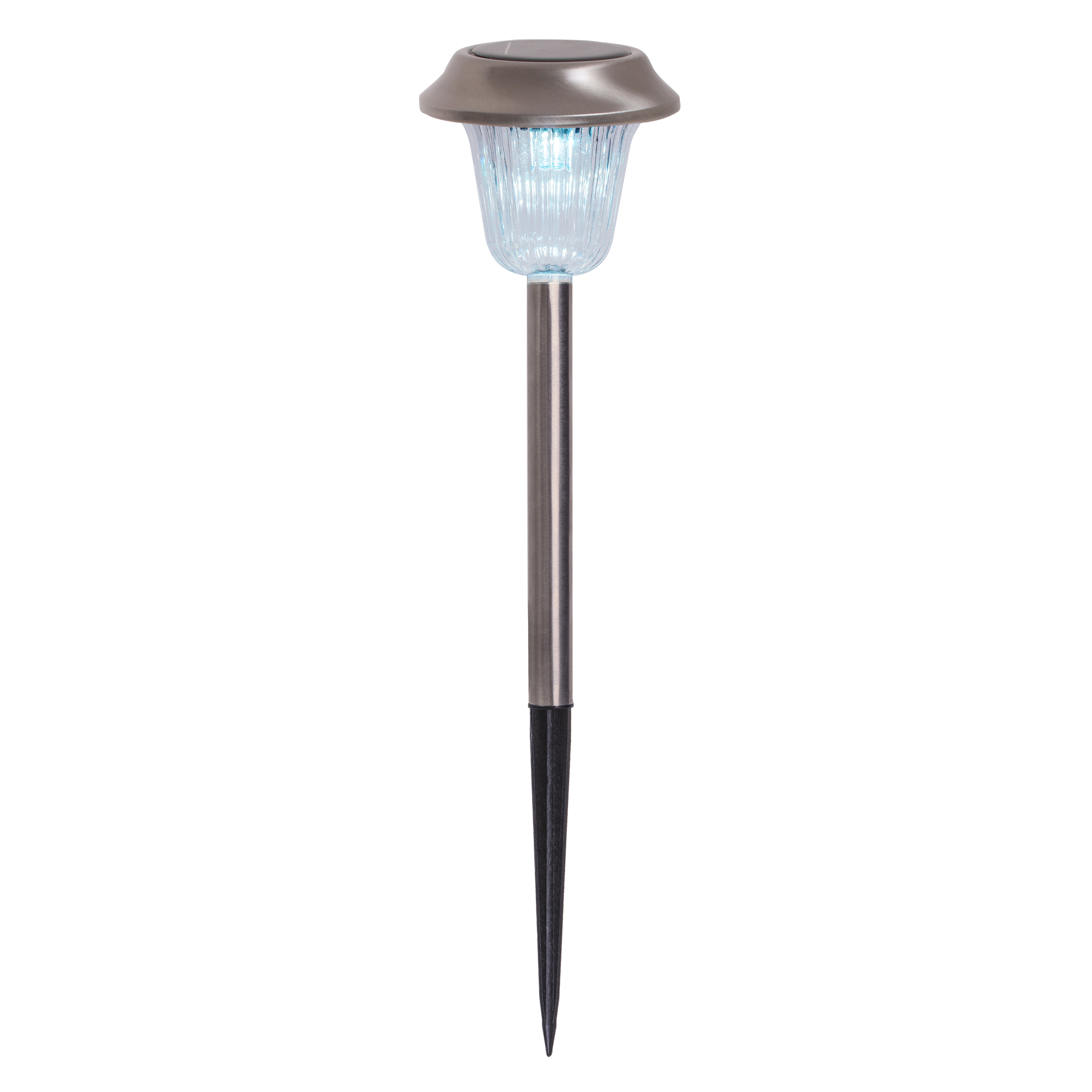 Solar-Gartenlampe, Metalloberteil, transparente Kunststoffabdeckung, weißer Hintergrund.