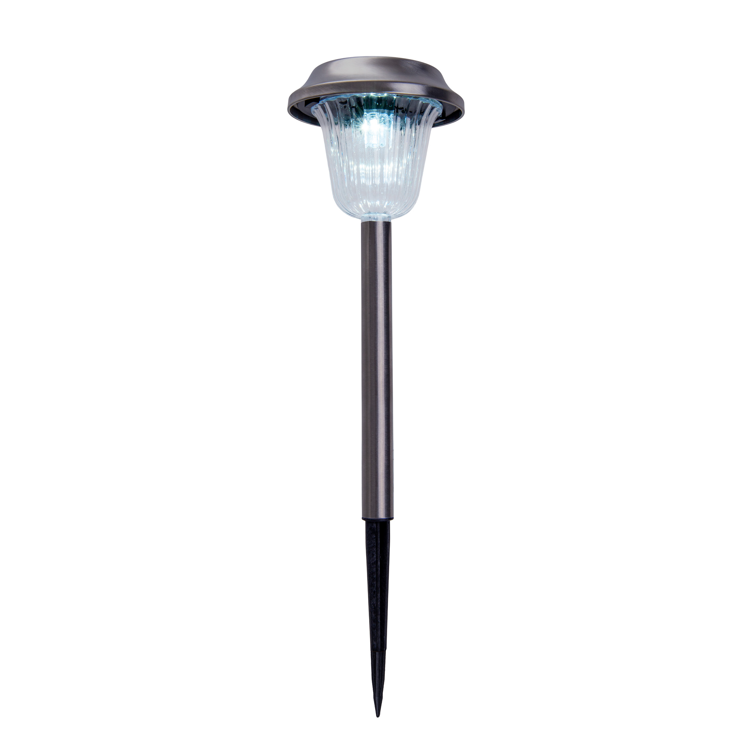 Silberne Solar-Gartenlampe, mit transparentem Glaskopf und schwarzem Dorn. Weißer Hintergrund.