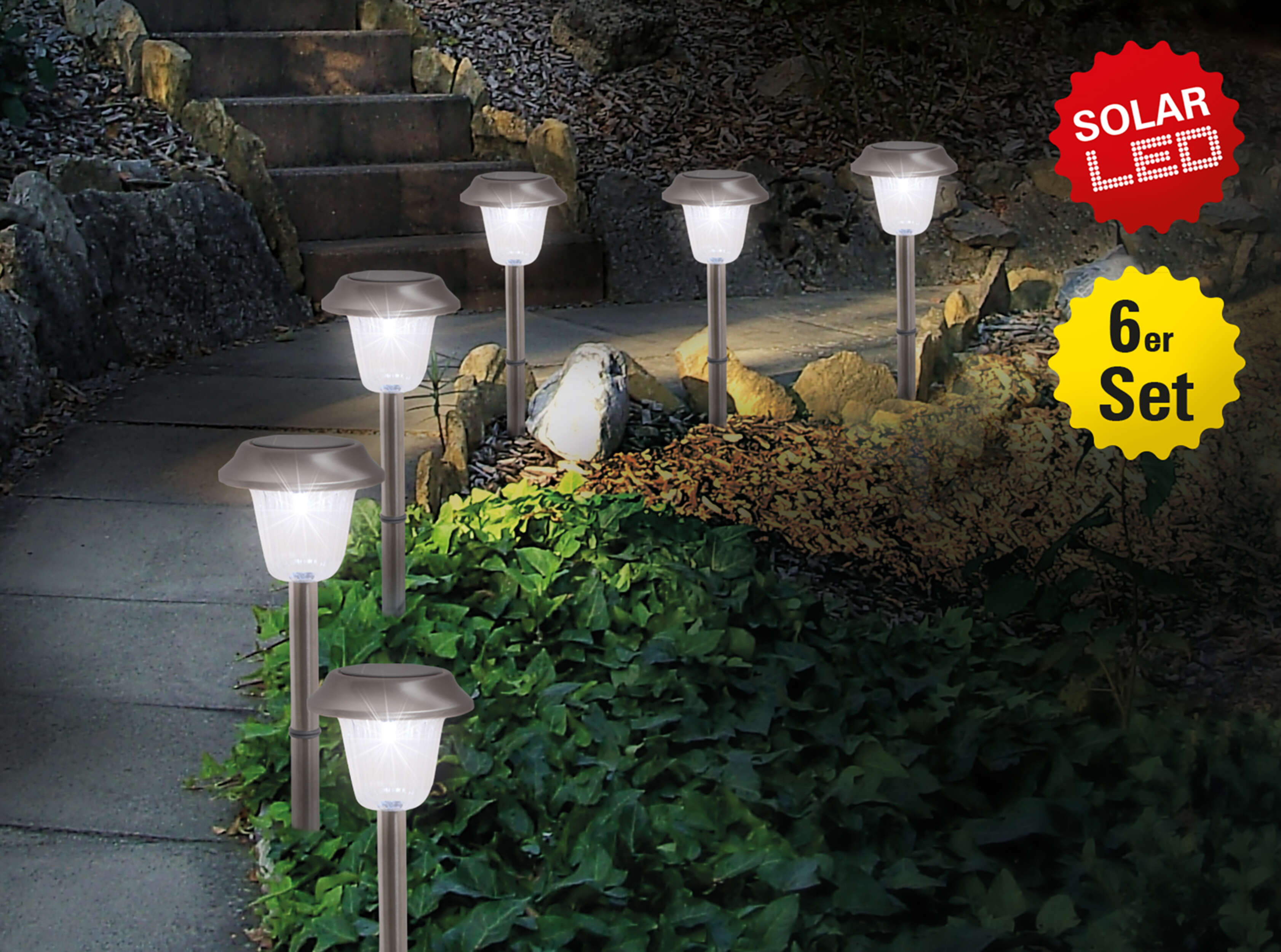 Sechs solarbetriebene LED-Leuchten in einer Gartenumgebung, mit einem '6er Set'-Aufkleber.
