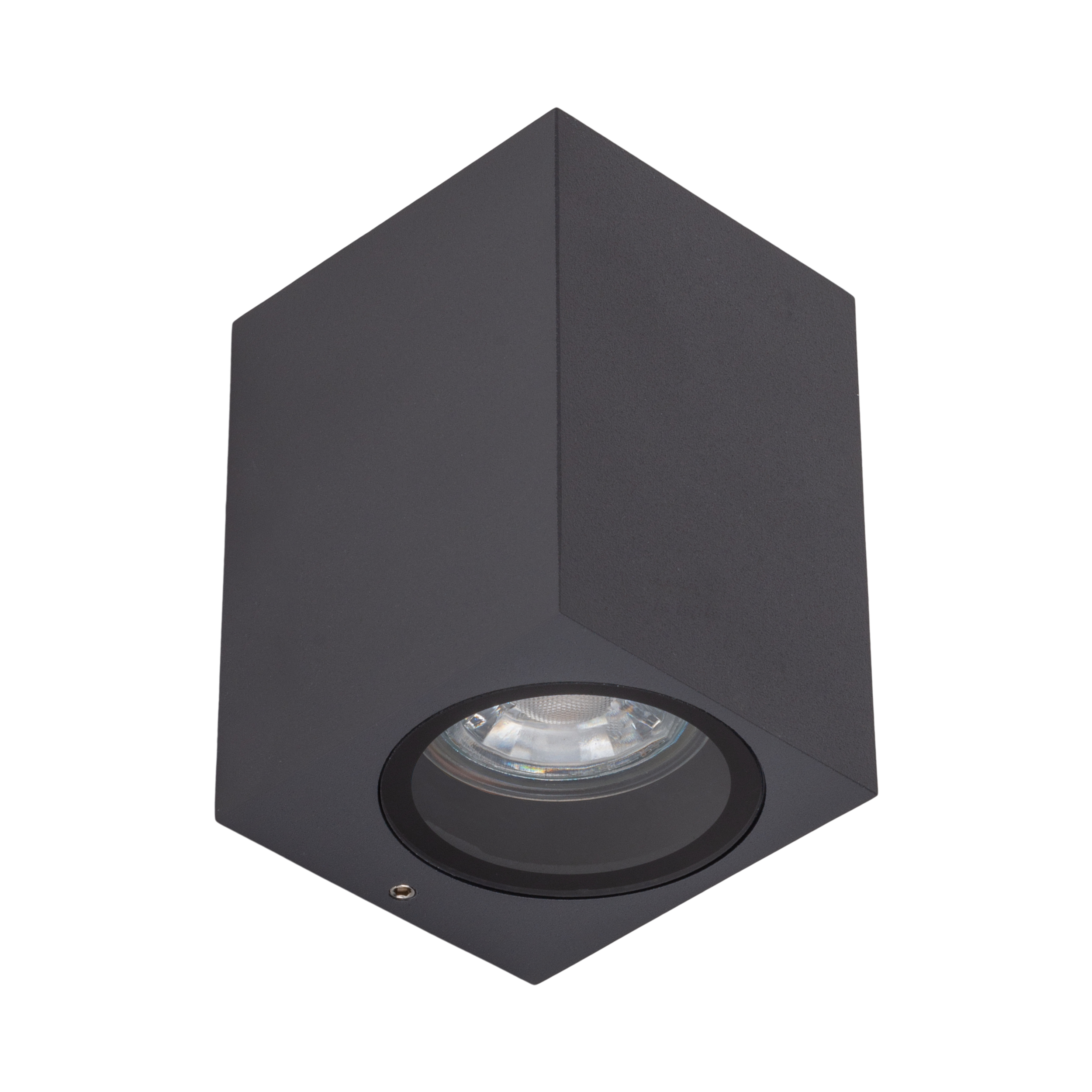 Eine schwarze, würfelförmige Außenleuchte mit kreisförmiger Lichtquelle, auf weißem Hintergrund.