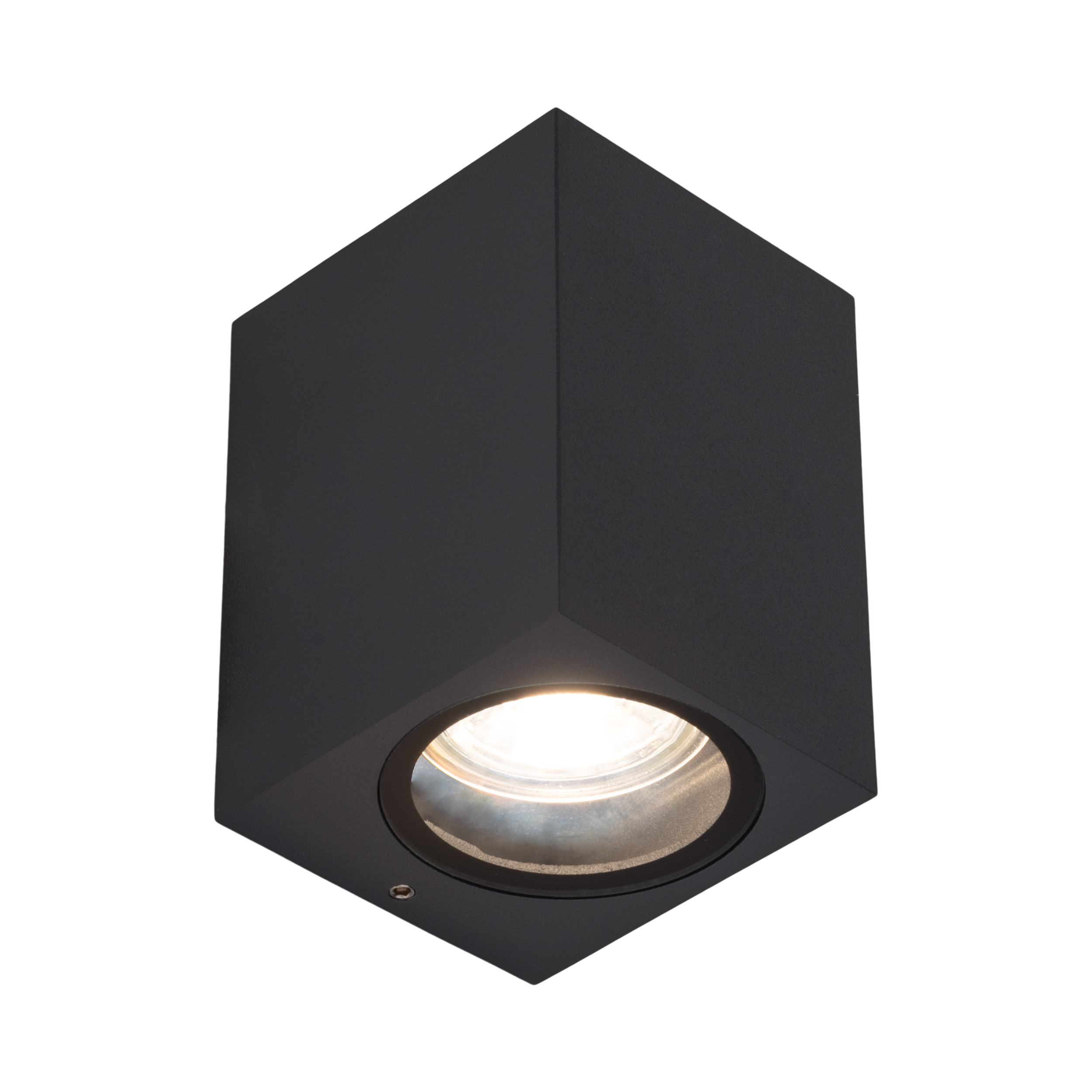 Eine schwarze, würfelförmige Außenleuchte mit kreisförmiger Lichtquelle an der Unterseite.