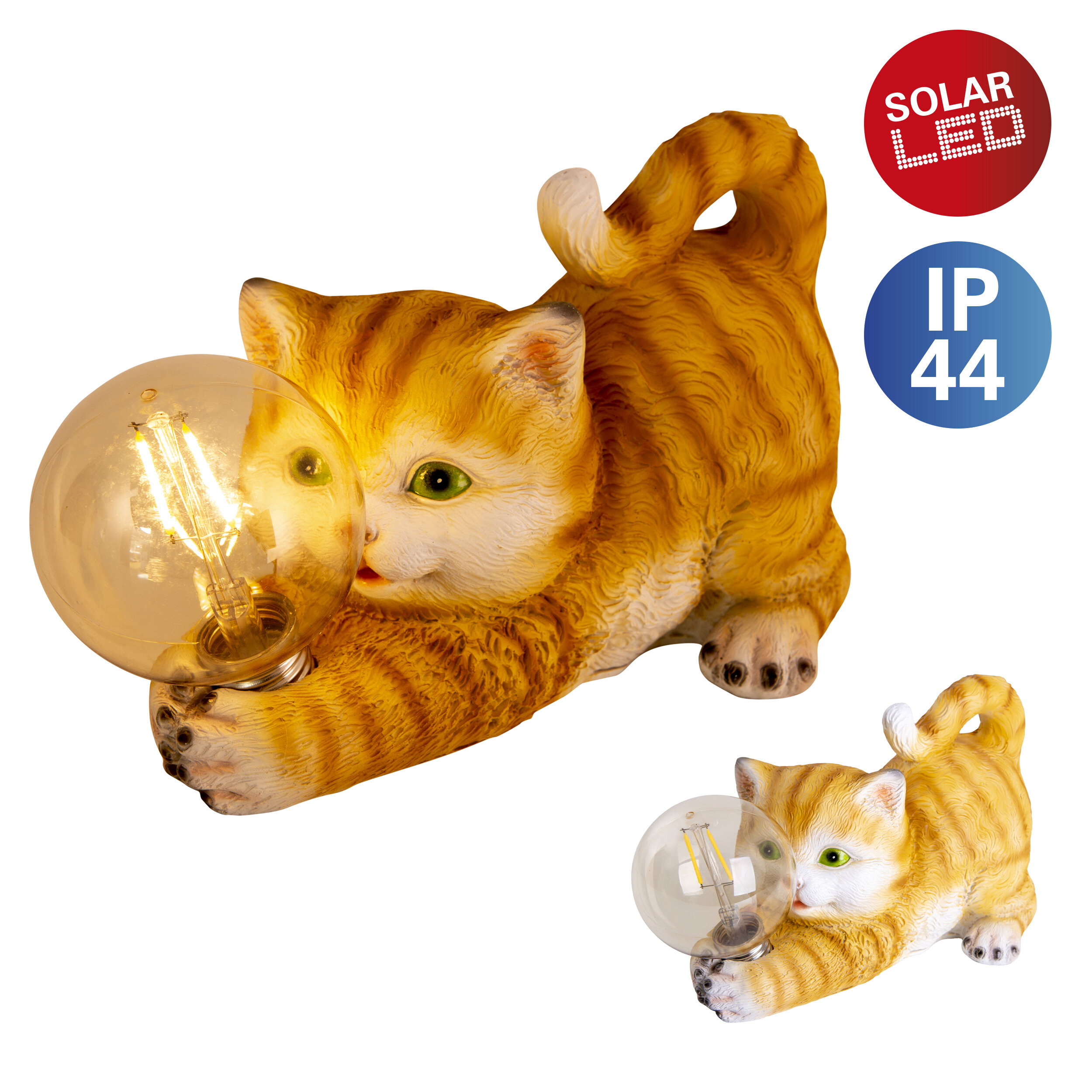 Orange Katzenstatue mit Glühbirne, eine weitere Katze in der Nähe, Solar-LED- und IP44-Etiketten.