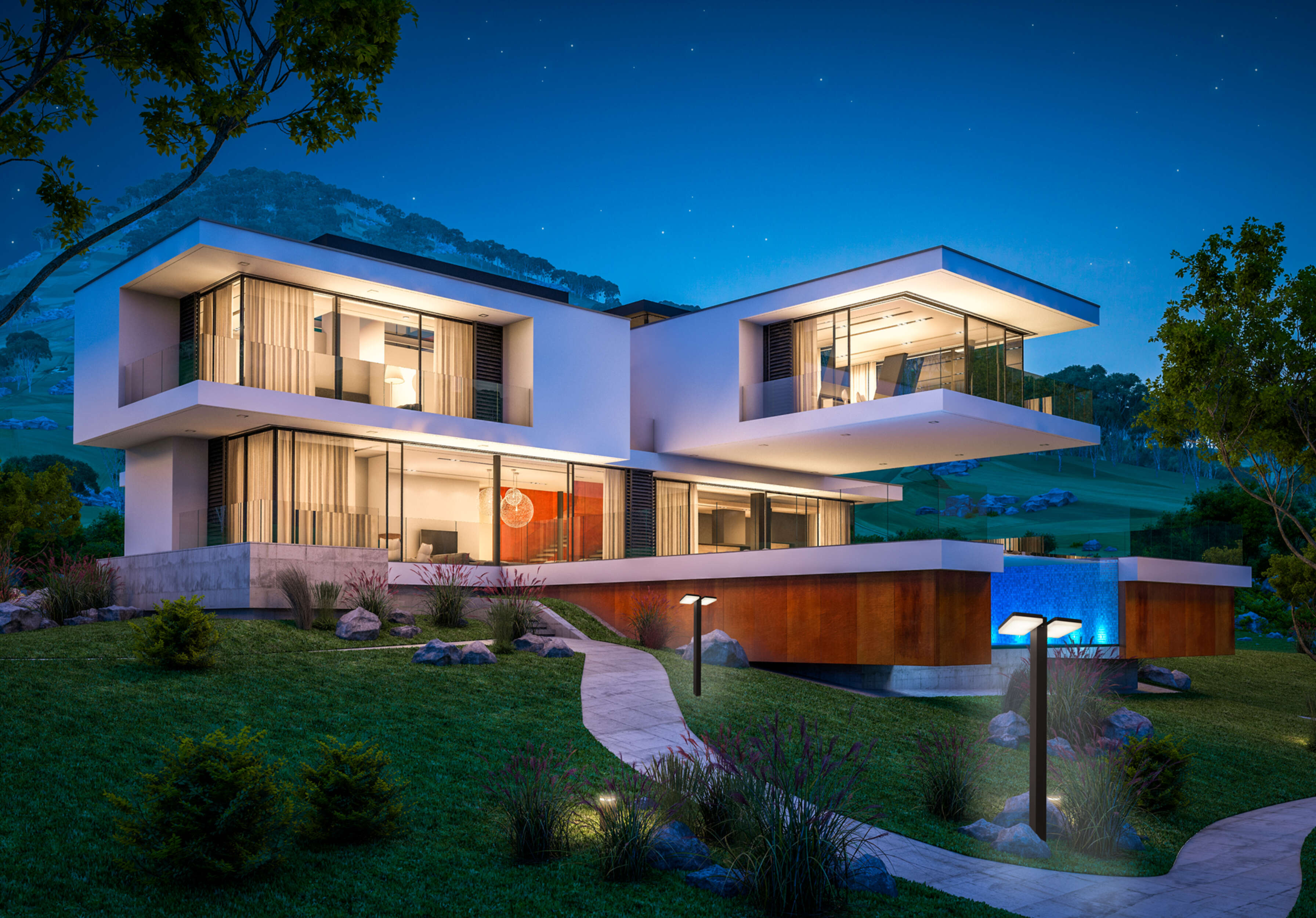 Modernes Haus bei Nacht mit beleuchteten Räumen, Pool und Weg.