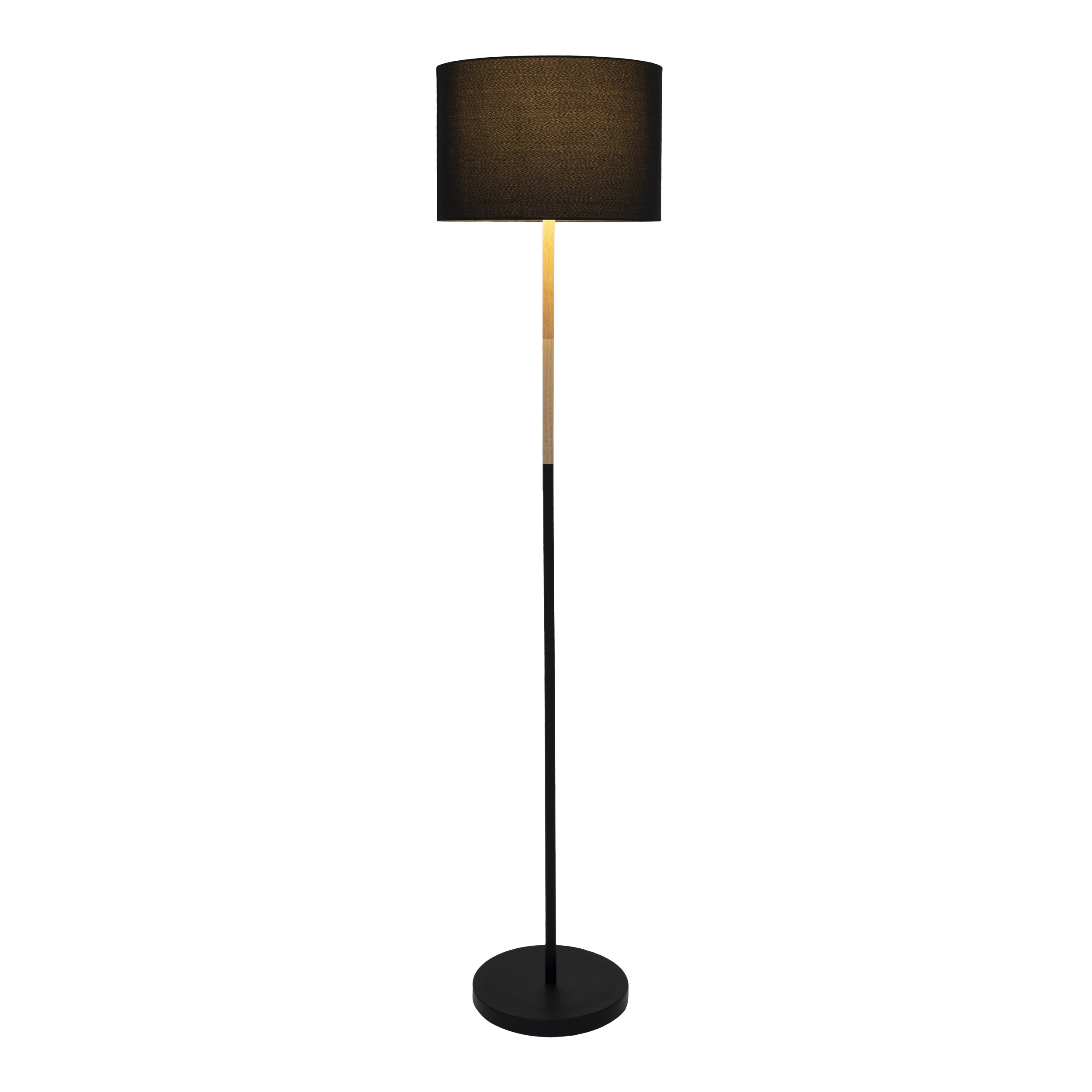 Lampadaire fin et haut. Socle et tige noirs, section en bois et abat-jour noir.